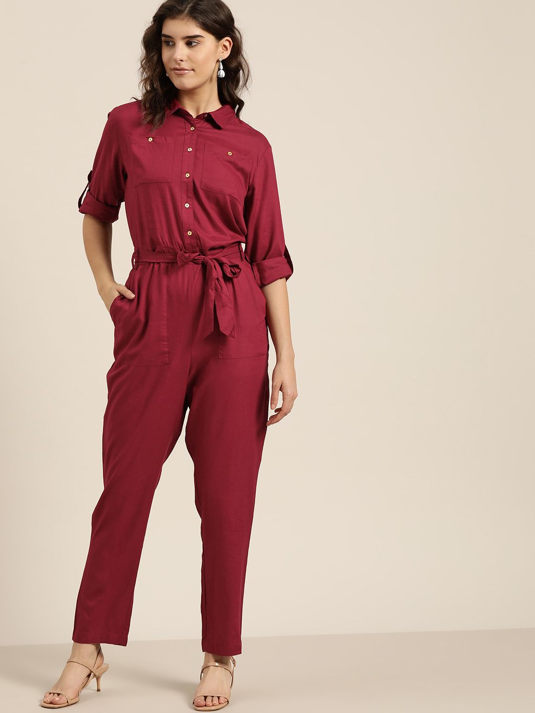 her by invictus Women Maroon Solid Basic Sustainable ECOVERO Jumpsuit with Belt Price in India