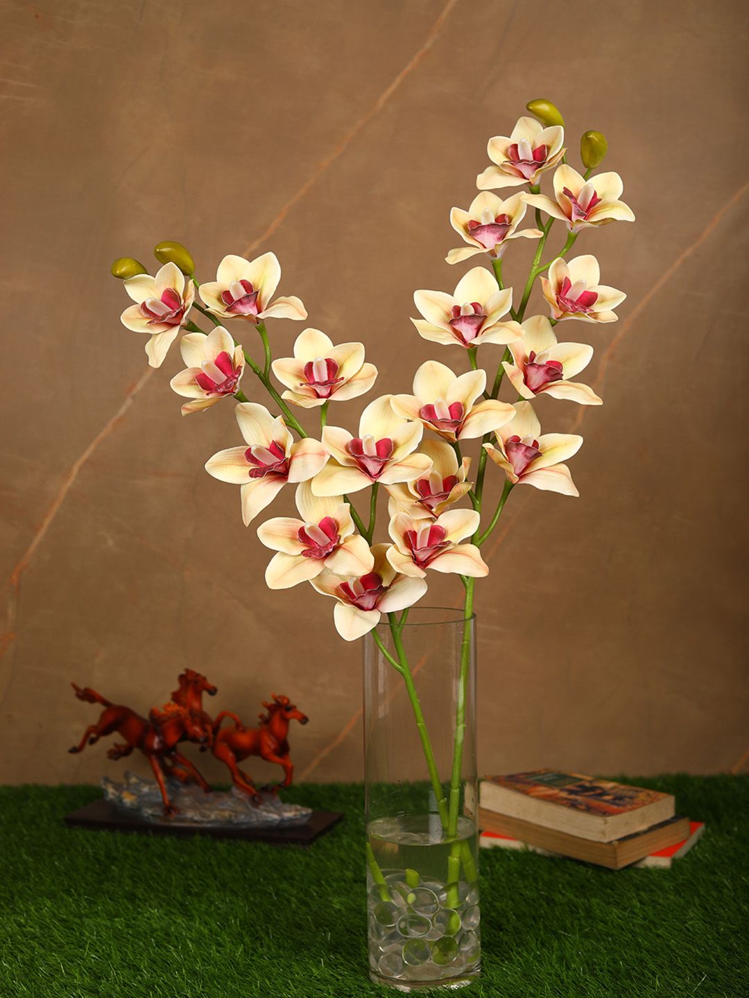 PolliNation Set Of 2 Brown & Red Beautiful Artificial Cymbidium Orchid Flower Stems Price in India