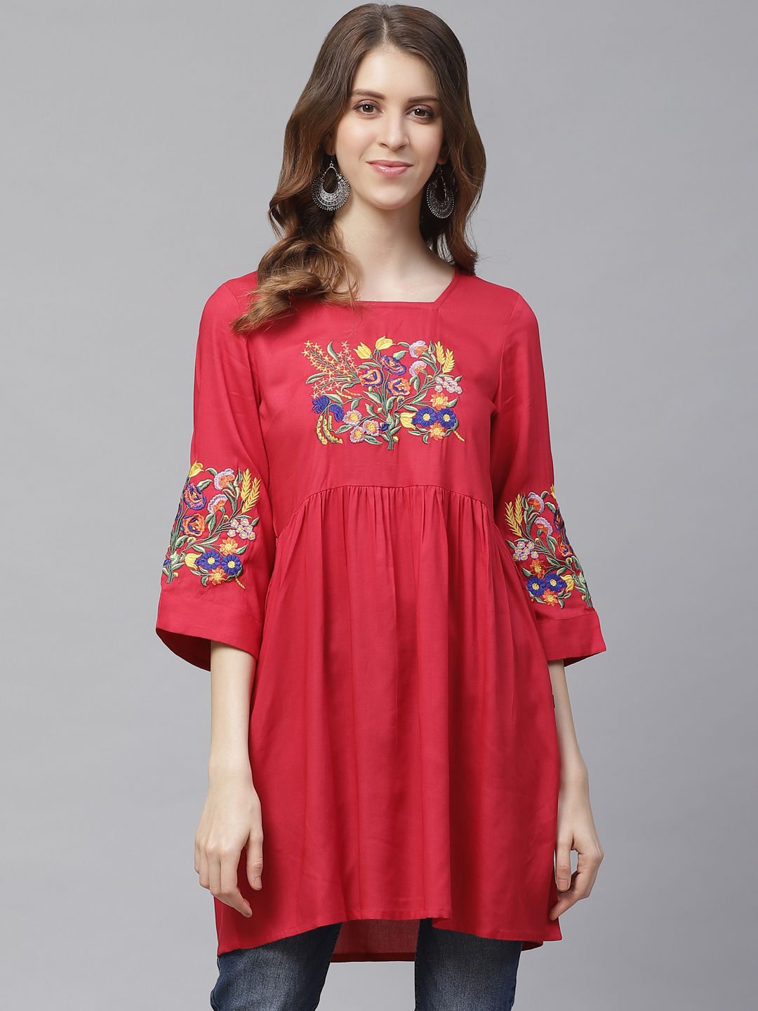 clorals Women Red Embroidered Tunic Price in India
