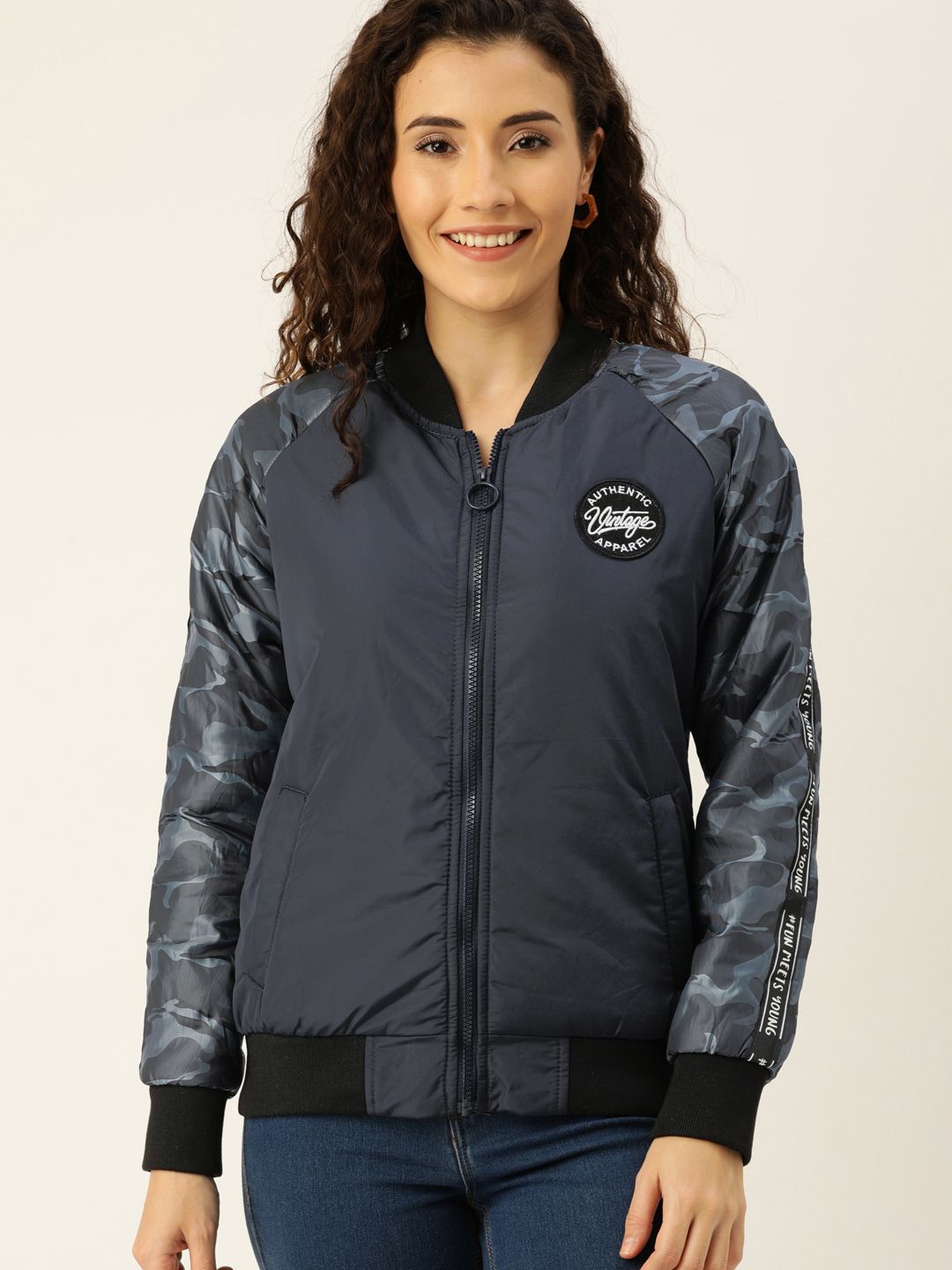 Campus Sutra Women Blue Solid Bomber Jacket Price in India