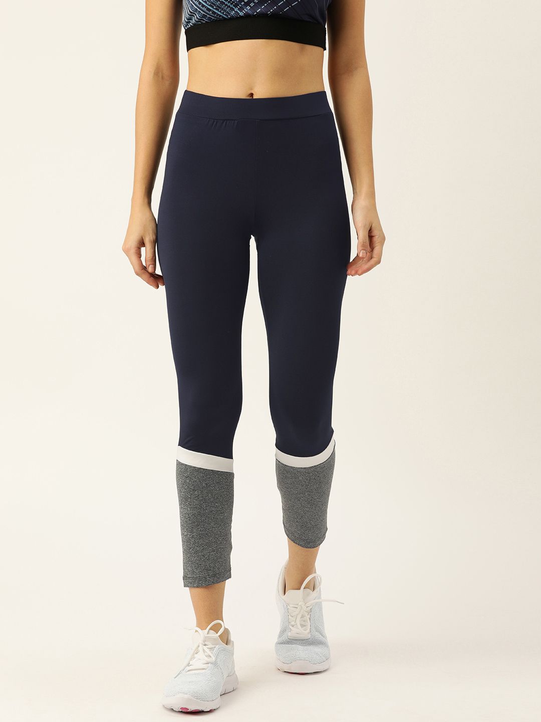 Campus Sutra Women Black and Grey Colourblocked Sports Dry-Fit Tights Price in India