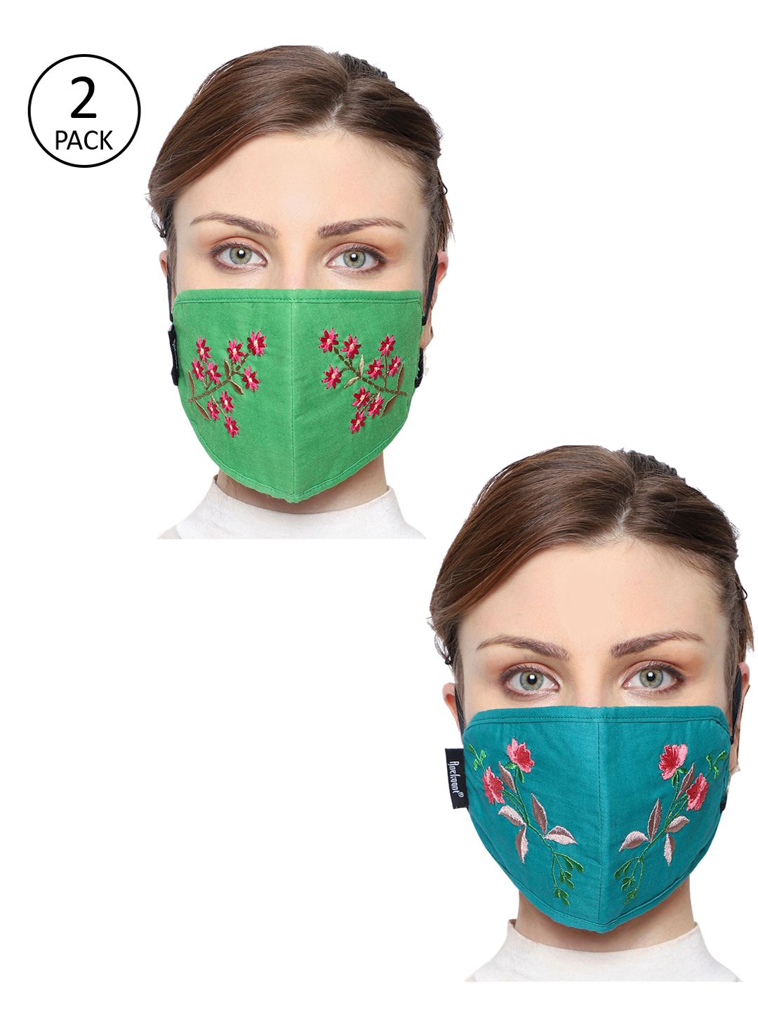 Anekaant Women Pack of 2 Pcs Blue & Green Embroidered Reusable 3-Ply Cloth Masks Price in India