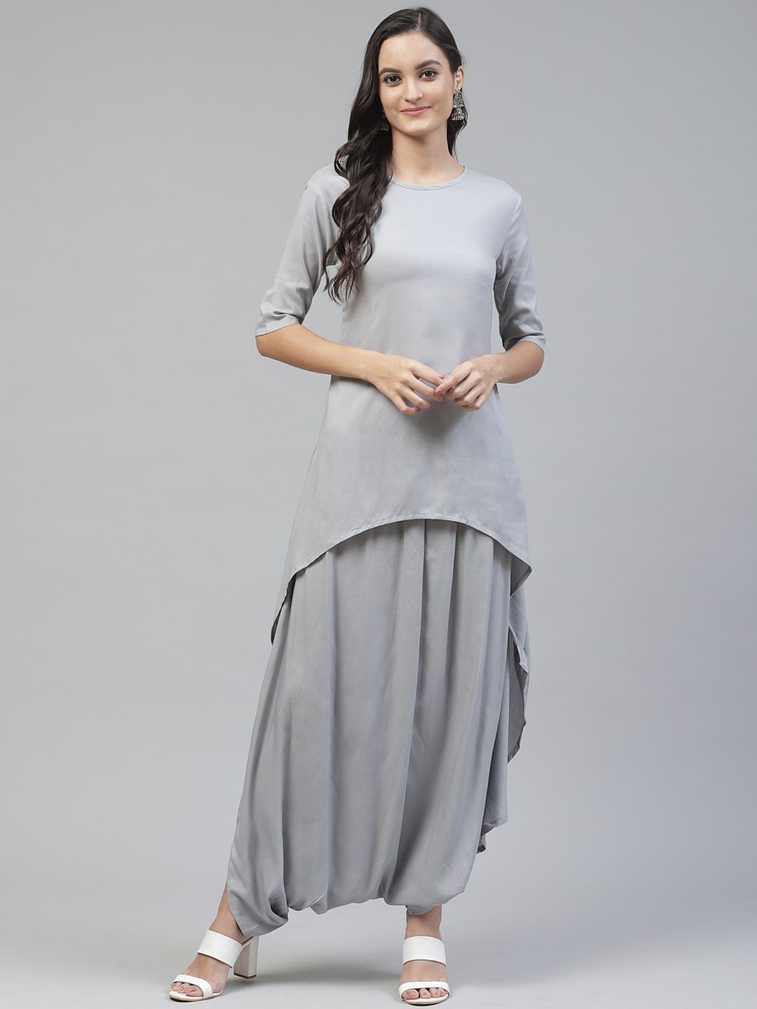 Fabriko Women Grey Solid High-Low Kurta with Dhoti Pants Price in India