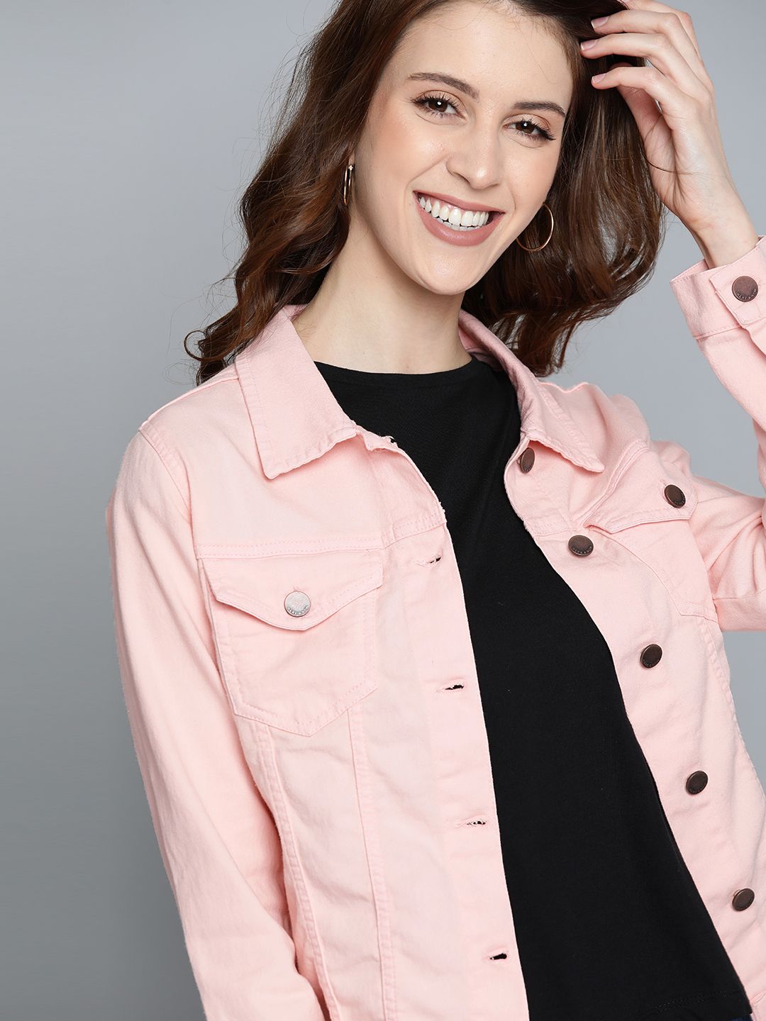 HERE&NOW Women Pink Solid Denim Jacket Price in India
