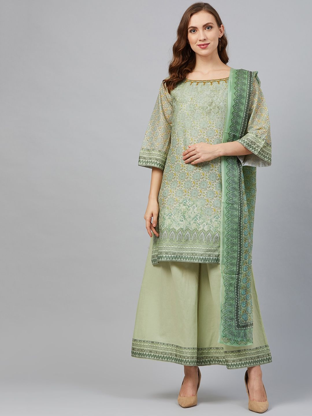 Biba Women Green Printed Kurta with Palazzos & Dupatta Price in India