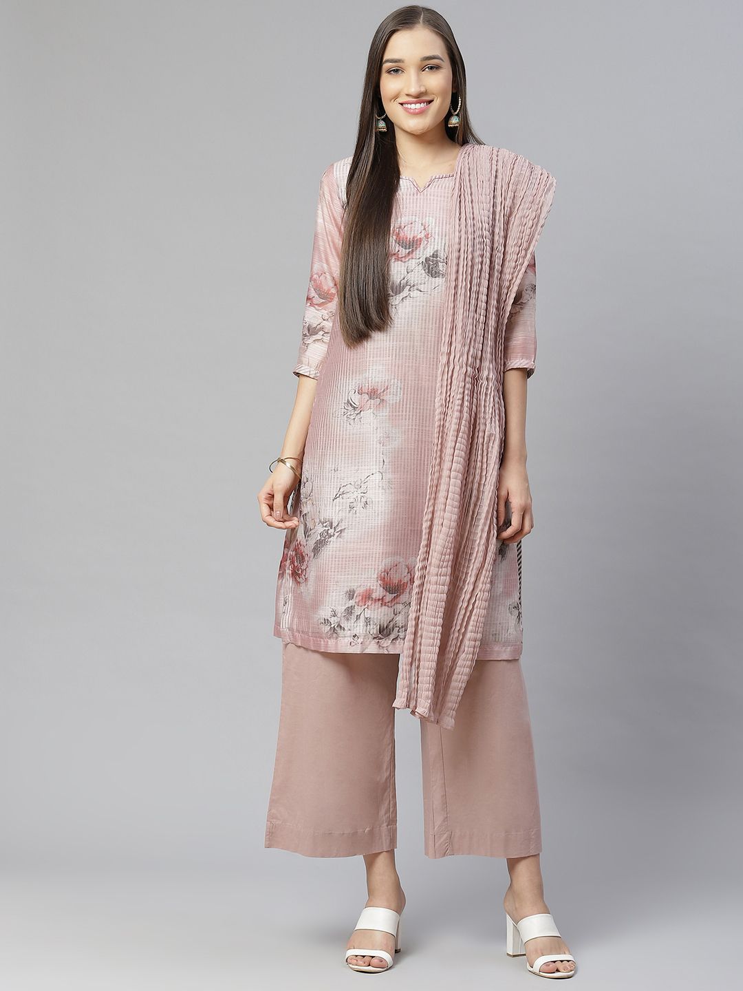 Biba Women Peach-Coloured & Grey Striped Kurta with Palazzos & Dupatta