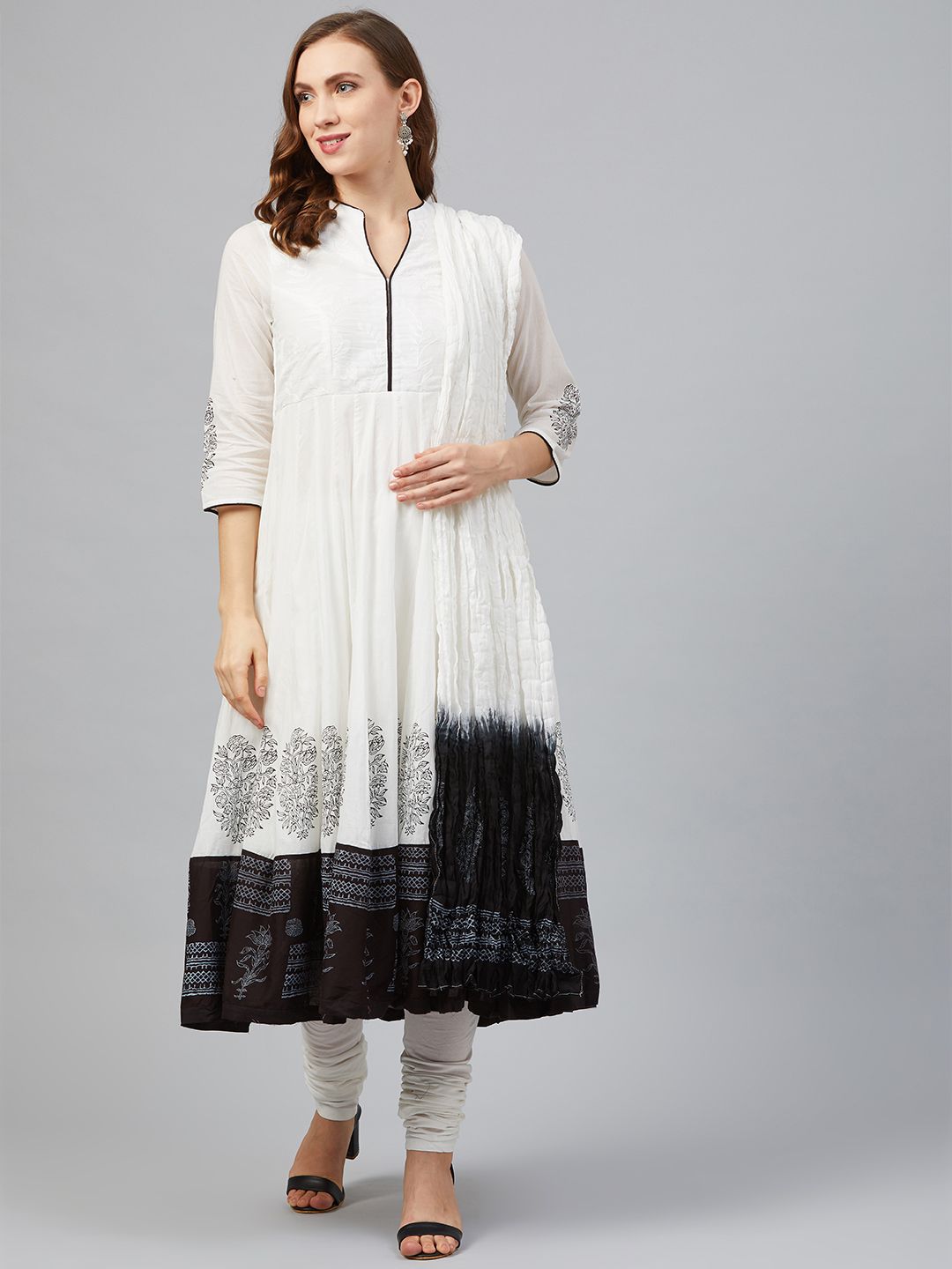 Biba Women White & Black Printed Kurta with Churidar & Dupatta