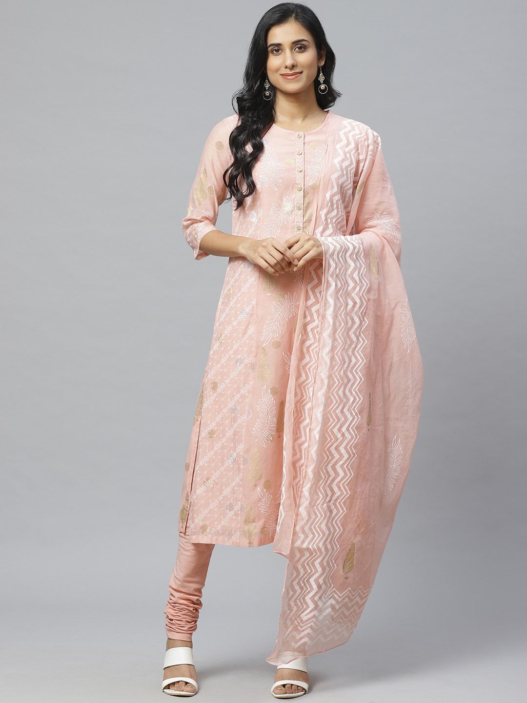 Biba Women Peach-Coloured & White Printed Kurta with Churidar & Dupatta