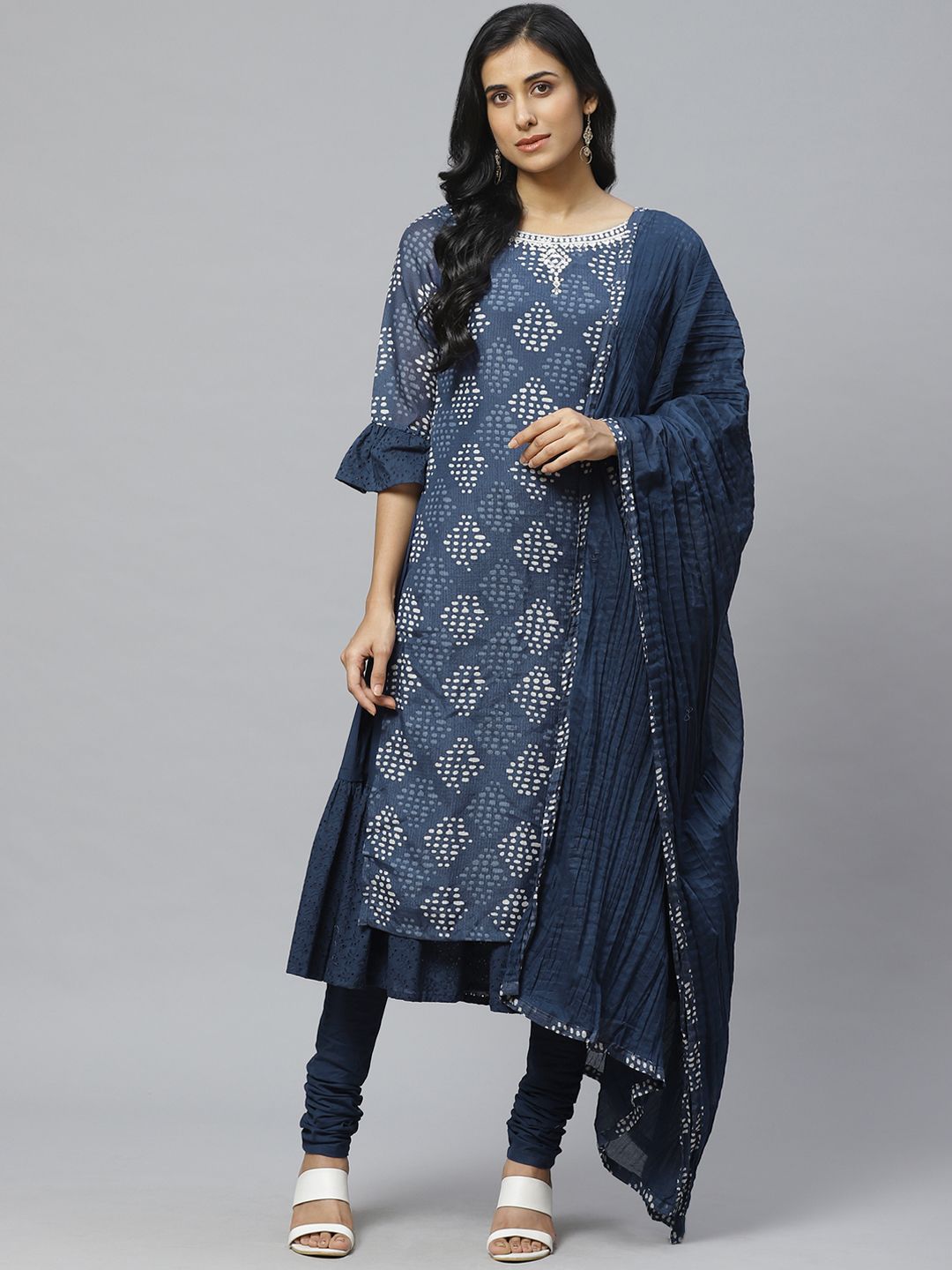 Biba Women Navy Blue & Off-White Printed Layered Kurta with Churidar & Dupatta