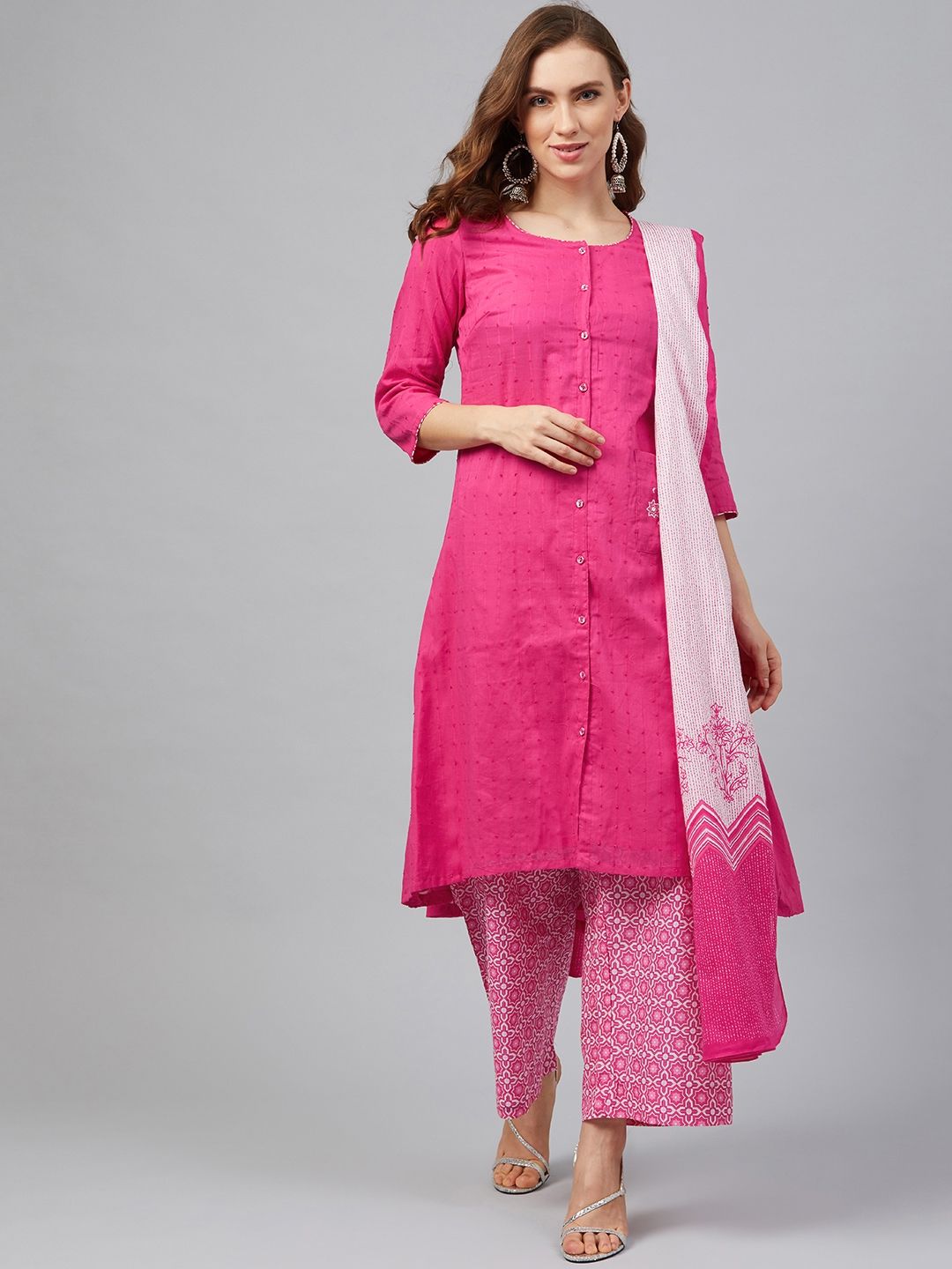 Biba Women Pink & White Self-Striped Kurta with Palazzos & Dupatta