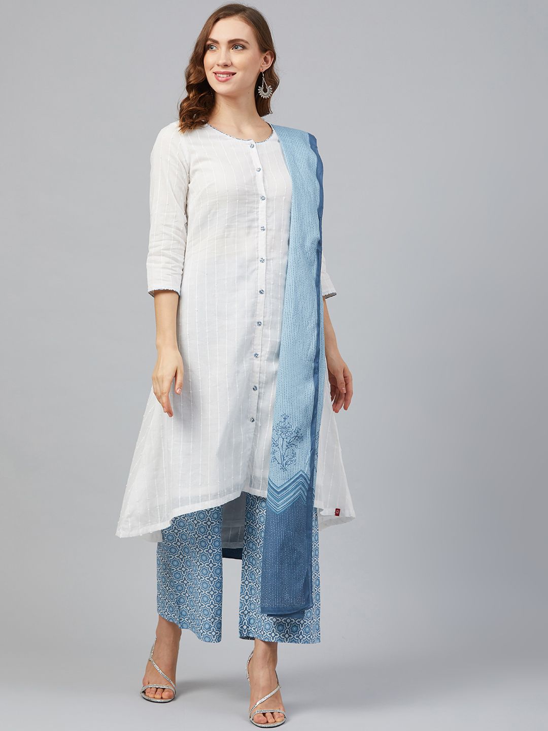Biba Women White & Blue Self-Striped Kurta with Palazzos & Dupatta
