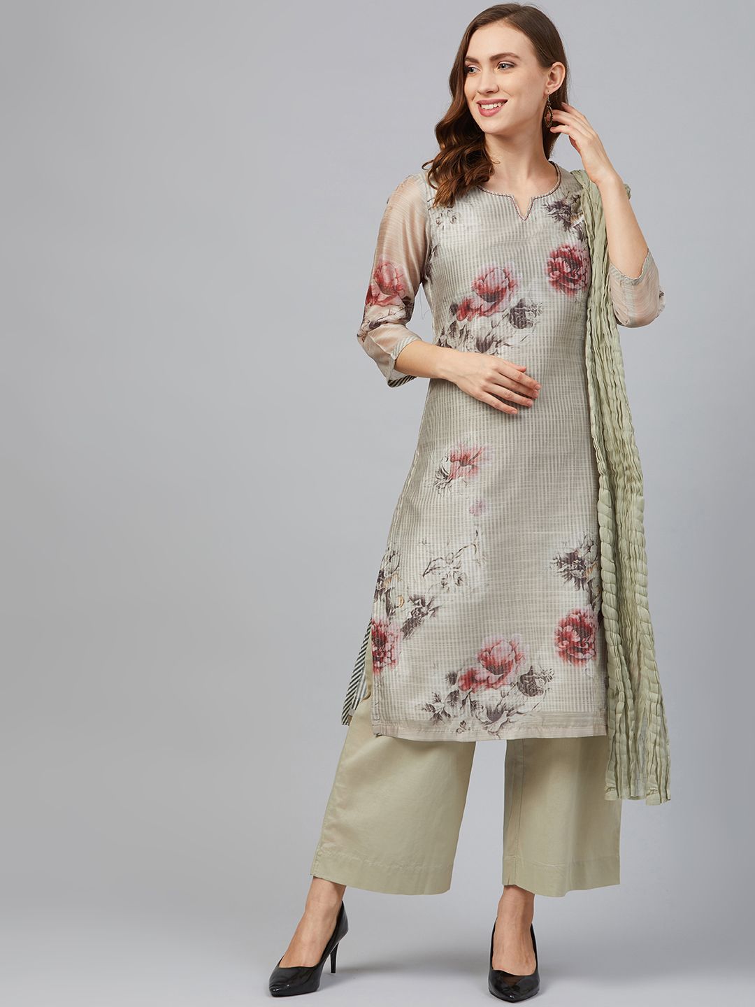 Biba Women Green & Pink Floral Printed Kurta with Palazzos & Dupatta