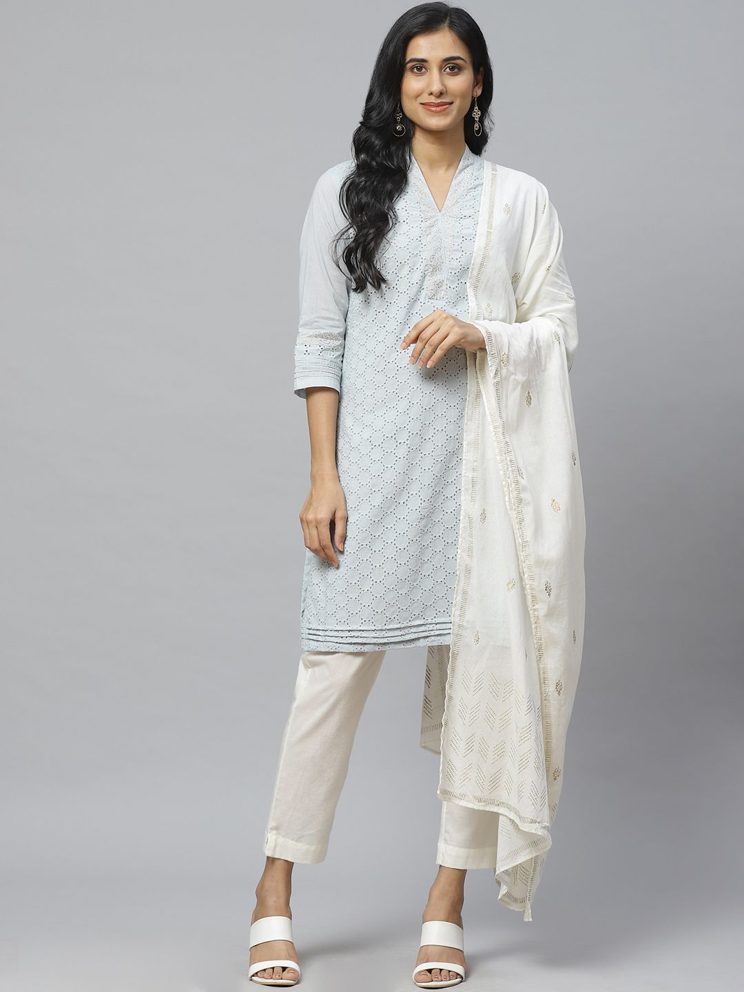 Biba Women Blue & Off-White Schiffli Embroidered Kurta with Trousers & Dupatta