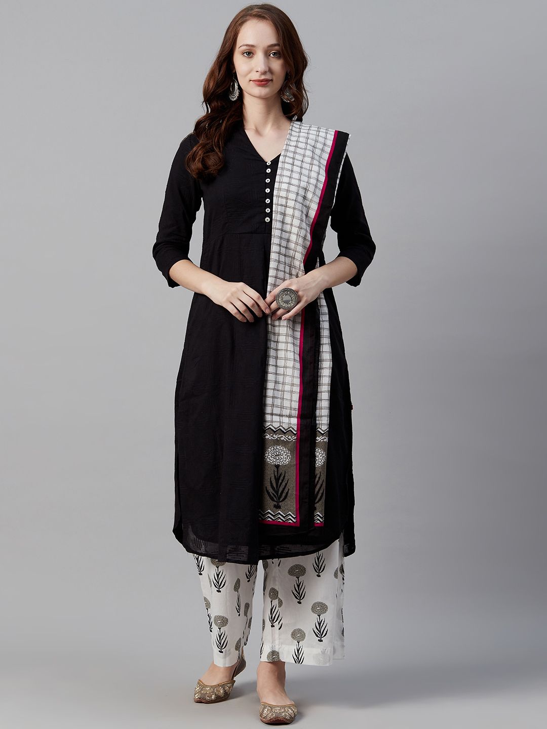 Biba Women Black & White Self Design Kurta with Palazzos & Dupatta