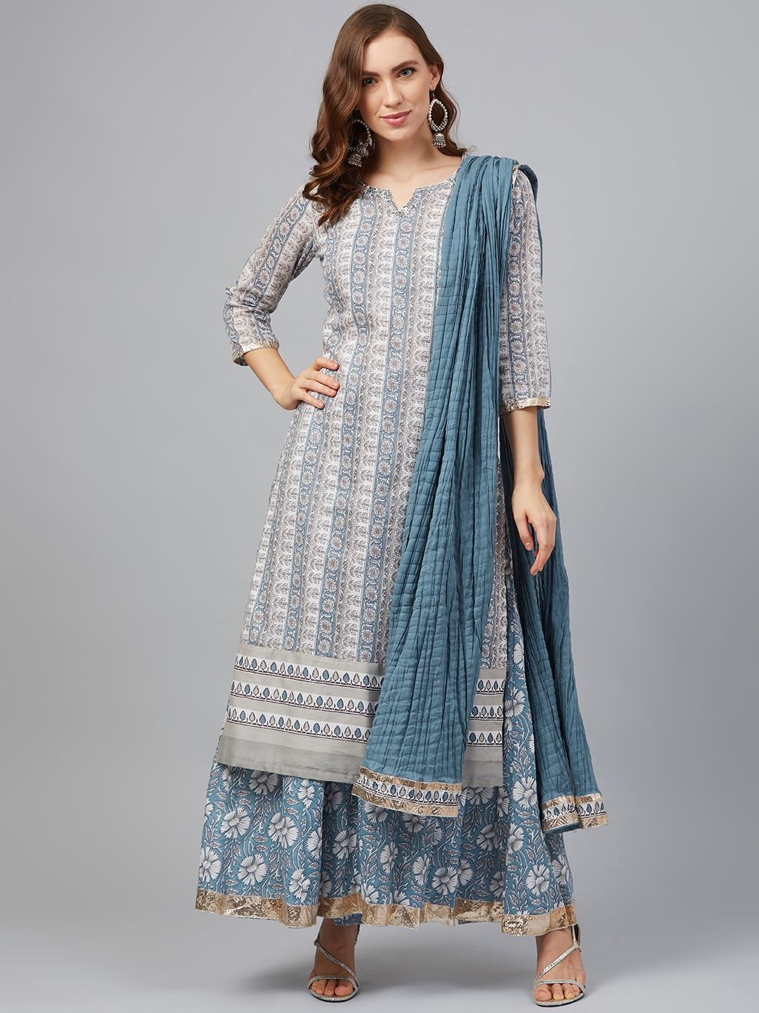 Biba Women Blue & Off-White Printed Kurta with Palazzos & Dupatta