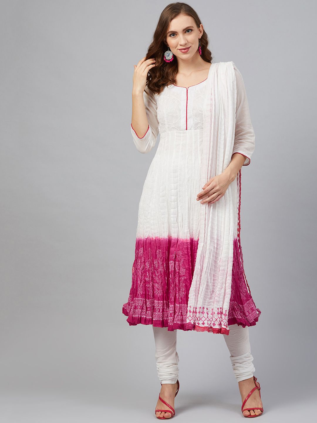 Biba Women White & Pink Ombre Effect Printed Crinkled Kurta with Churidar & Dupatta Price in India