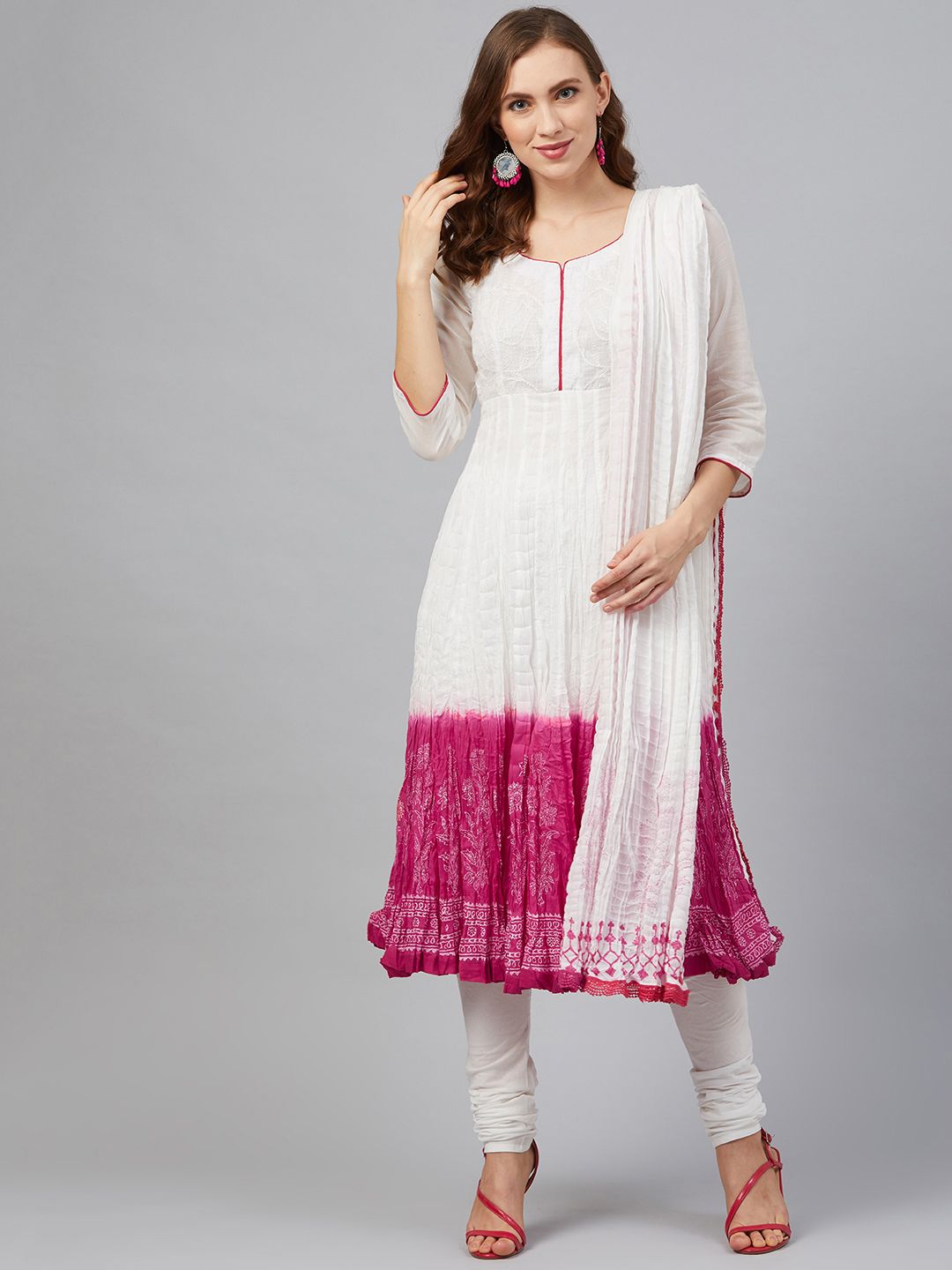 Biba Women White & Pink Ombre Effect Printed Crinkled Kurta with Churidar & Dupatta