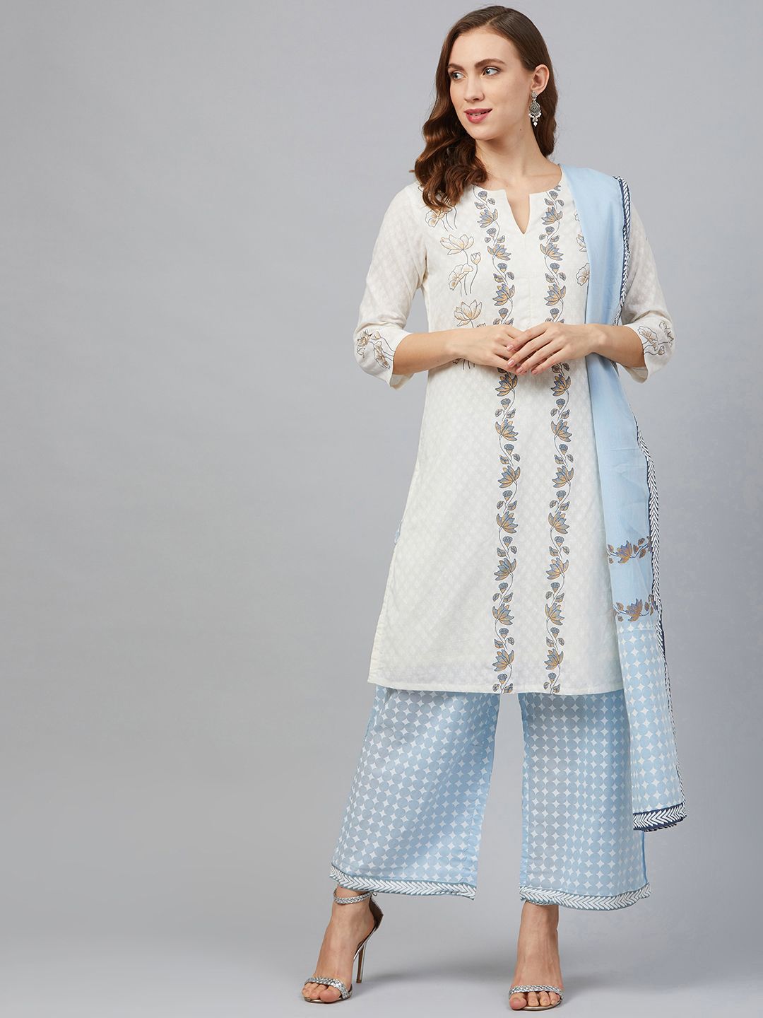 Biba Women Off-White & Blue Printed Kurta with Palazzos & Dupatta