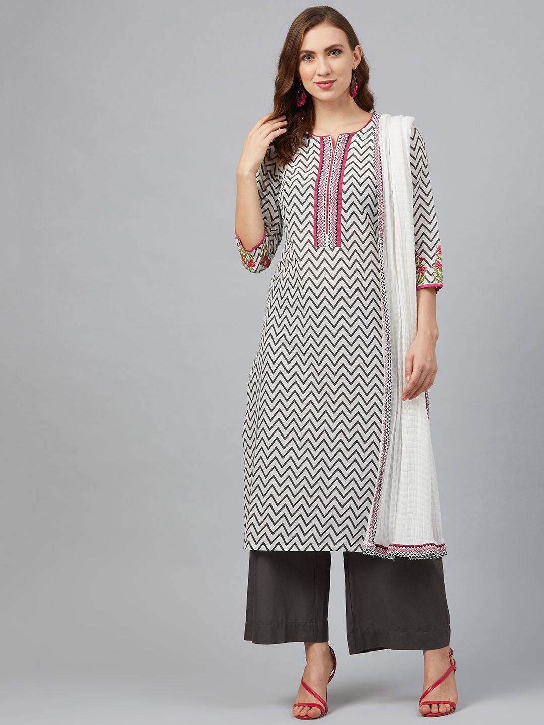 Biba Women White & Charcoal Grey Printed Kurta with Palazzos & Dupatta