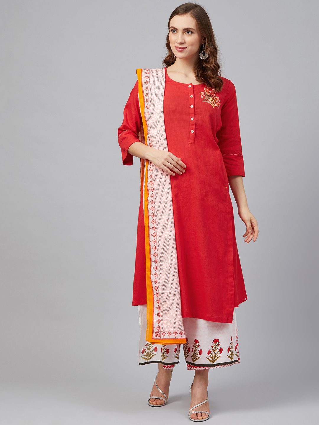 Biba Women Red & White Embroidered Detail Kurta with Palazzos & Dupatta