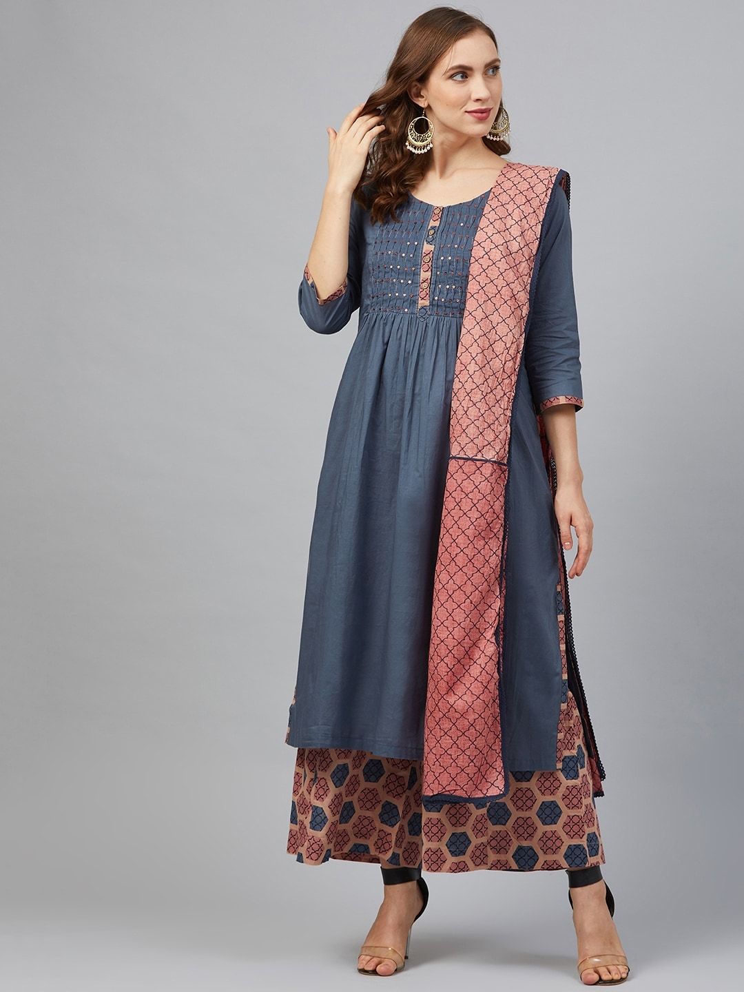 Biba Women Blue & Pink Yoke Design Kurta with Palazzos & Dupatta