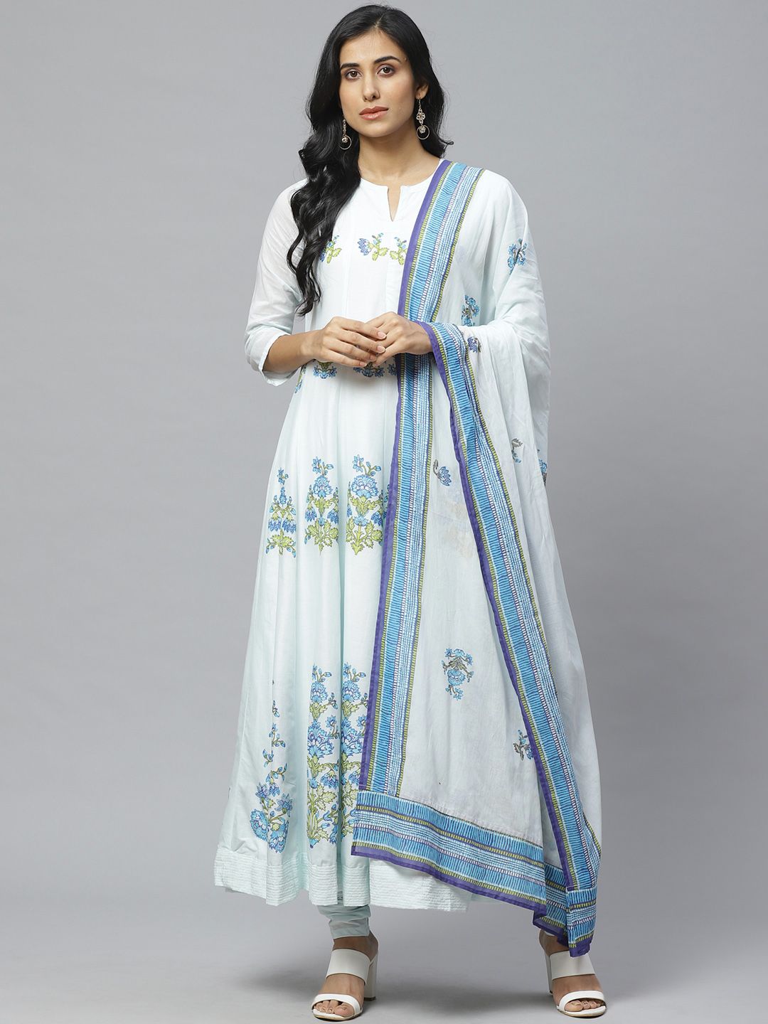 Biba Women Blue Floral Print Kurta with Churidar & Dupatta