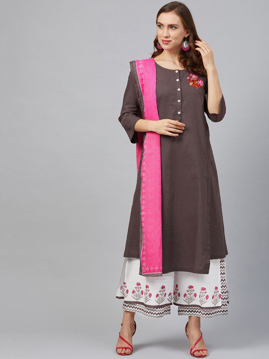 Biba Women Taupe & White Embroidered Detail Kurta with Palazzos & Dupatta