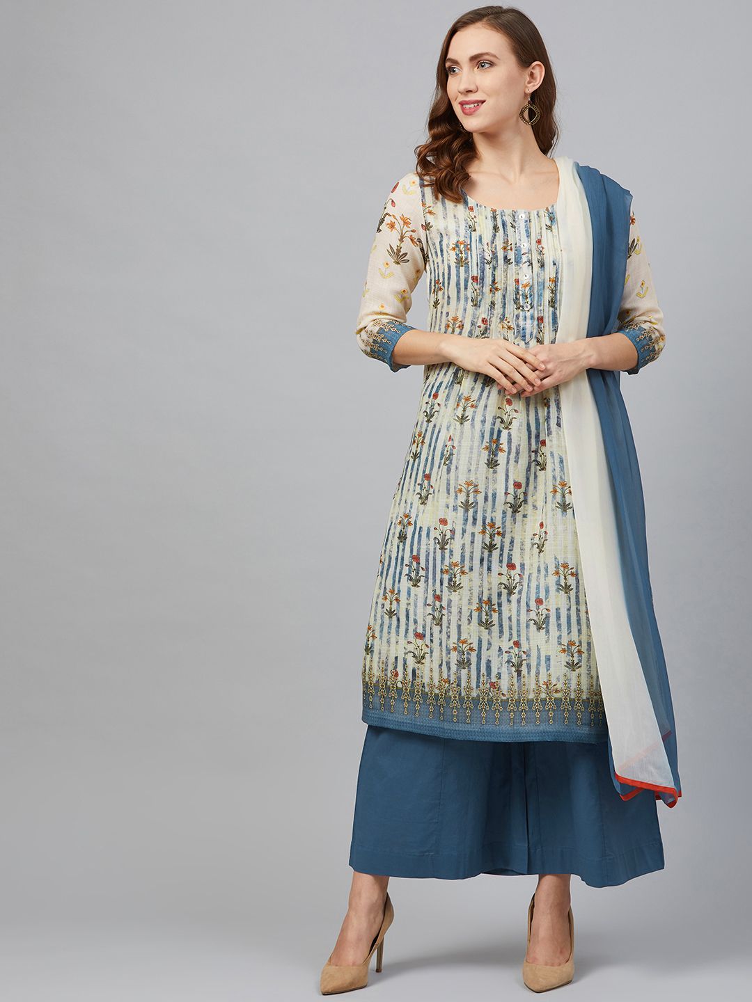 Biba Women Cream-Coloured & Navy Blue Ethnic Printed Kurta with Palazzos & Dupatta