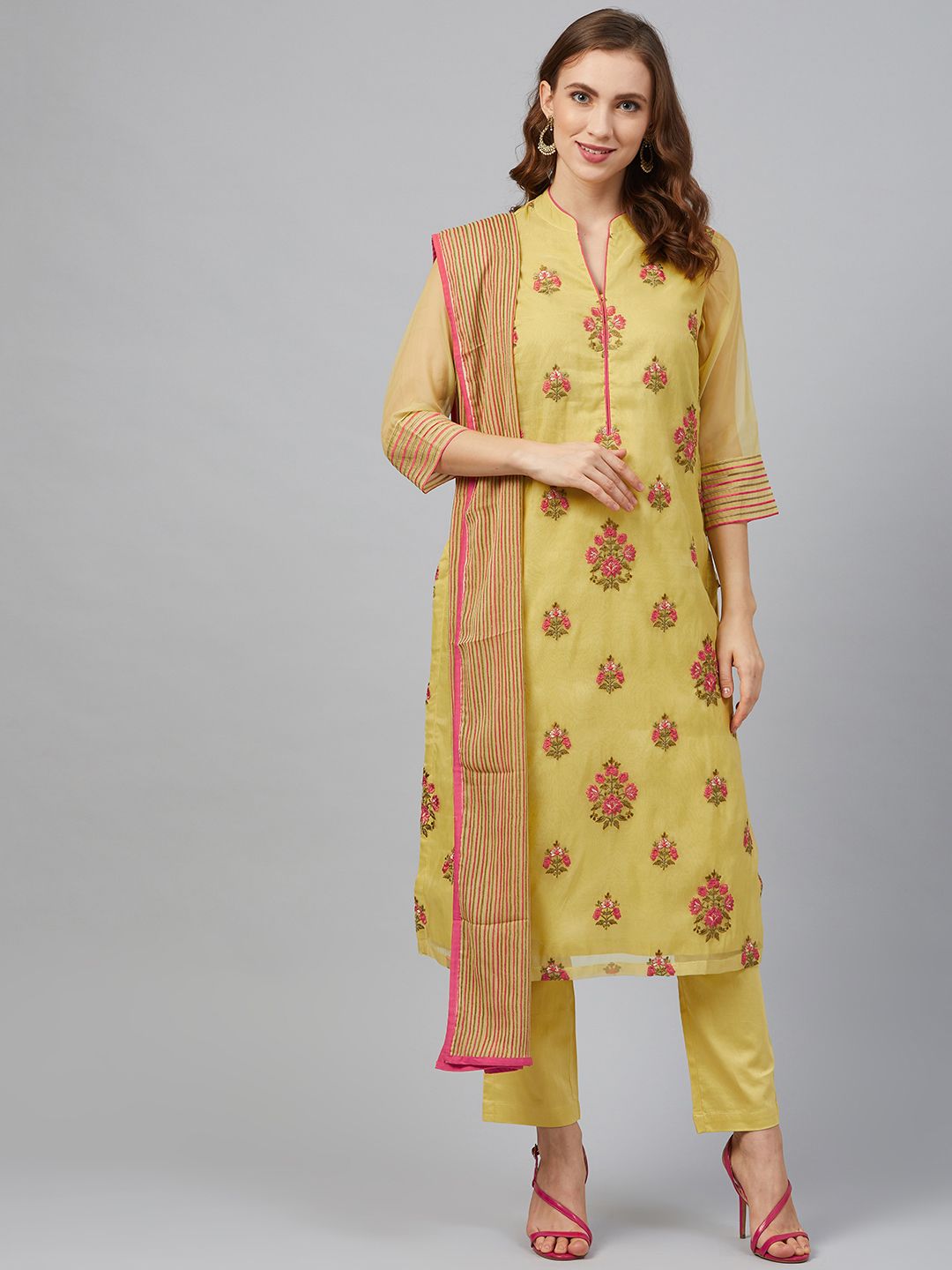 Biba Women Yellow Embroidered Kurta with Trousers & Dupatta