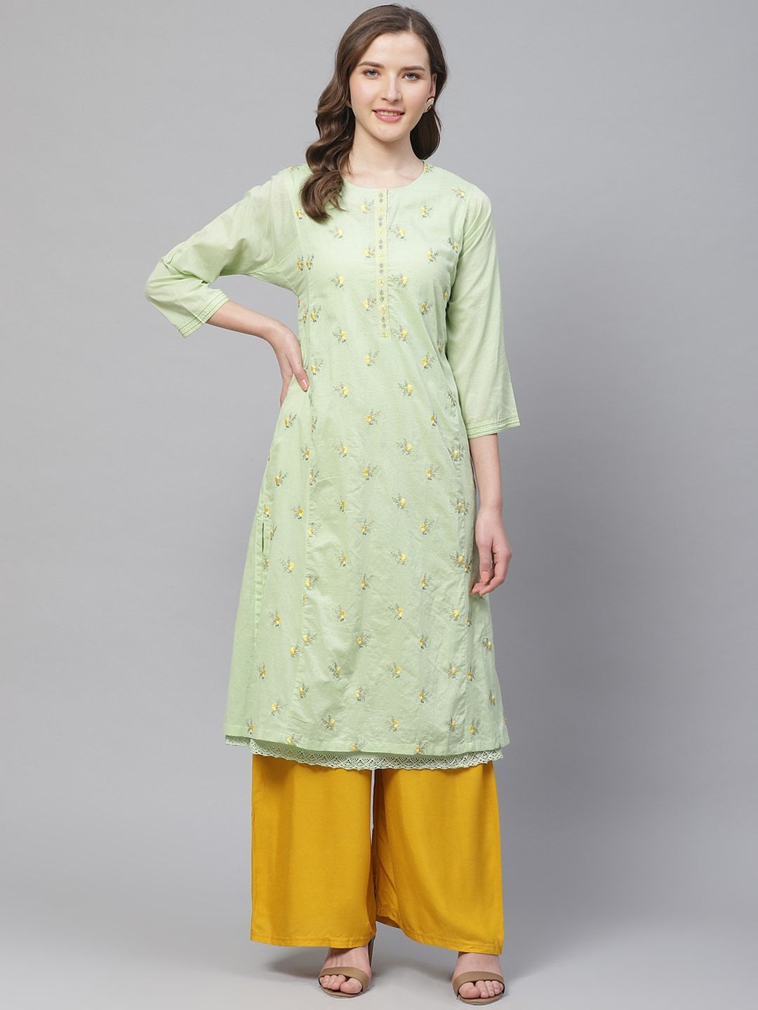 Biba Women Green & Yellow Layered Embroidered Straight Kurta