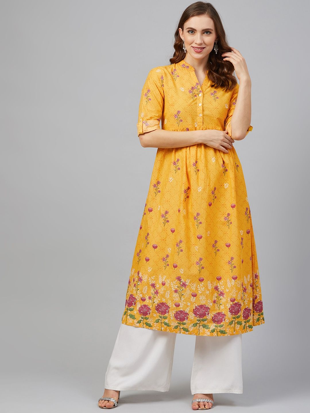 Biba Women Mustard Yellow & Purple Floral Printed A-Line Kurta