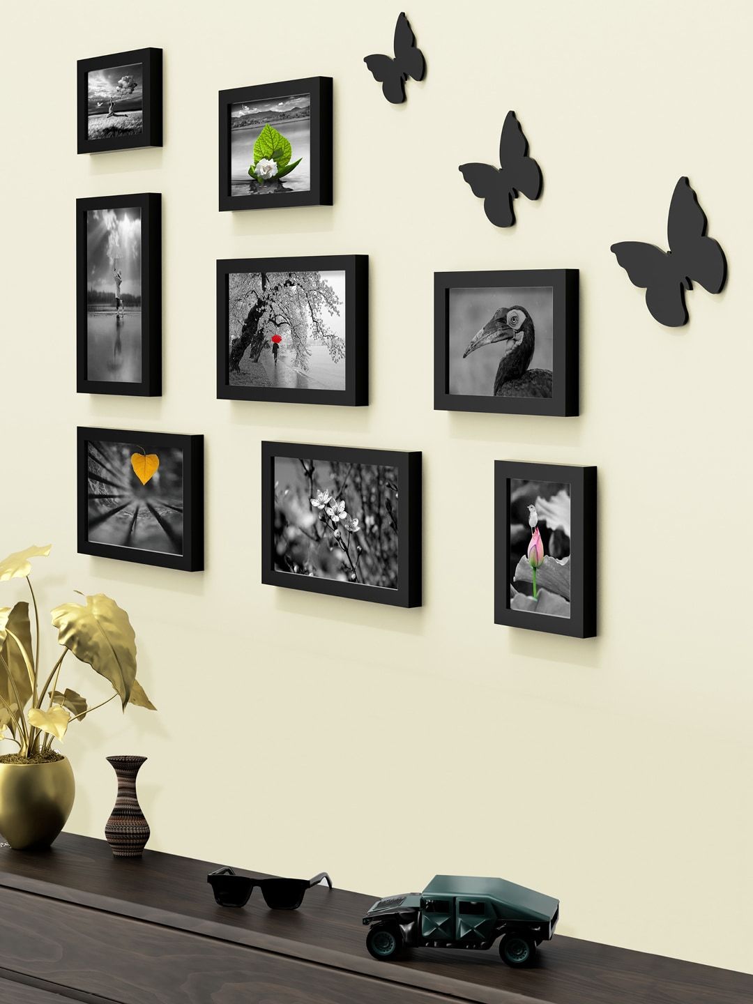 RANDOM Set Of 8 Black Solid Collage Photo Frames With Plaques Price in India