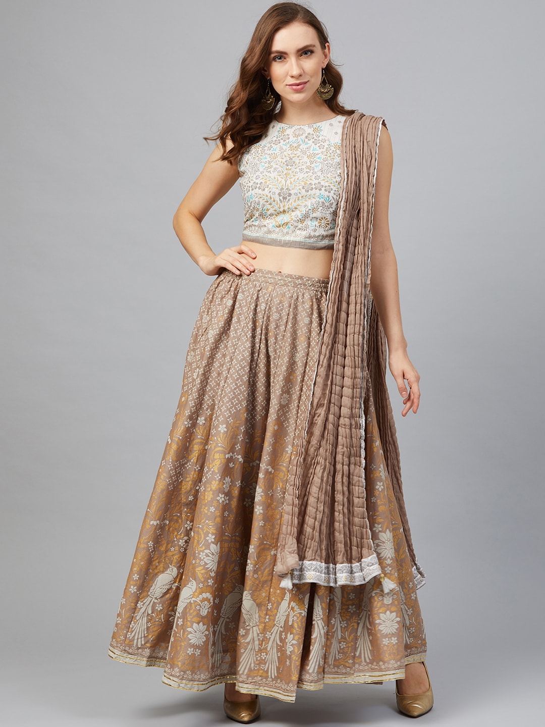 Biba Brown & Off-White Printed Ready to Wear Lehenga & Blouse with Dupatta Price in India
