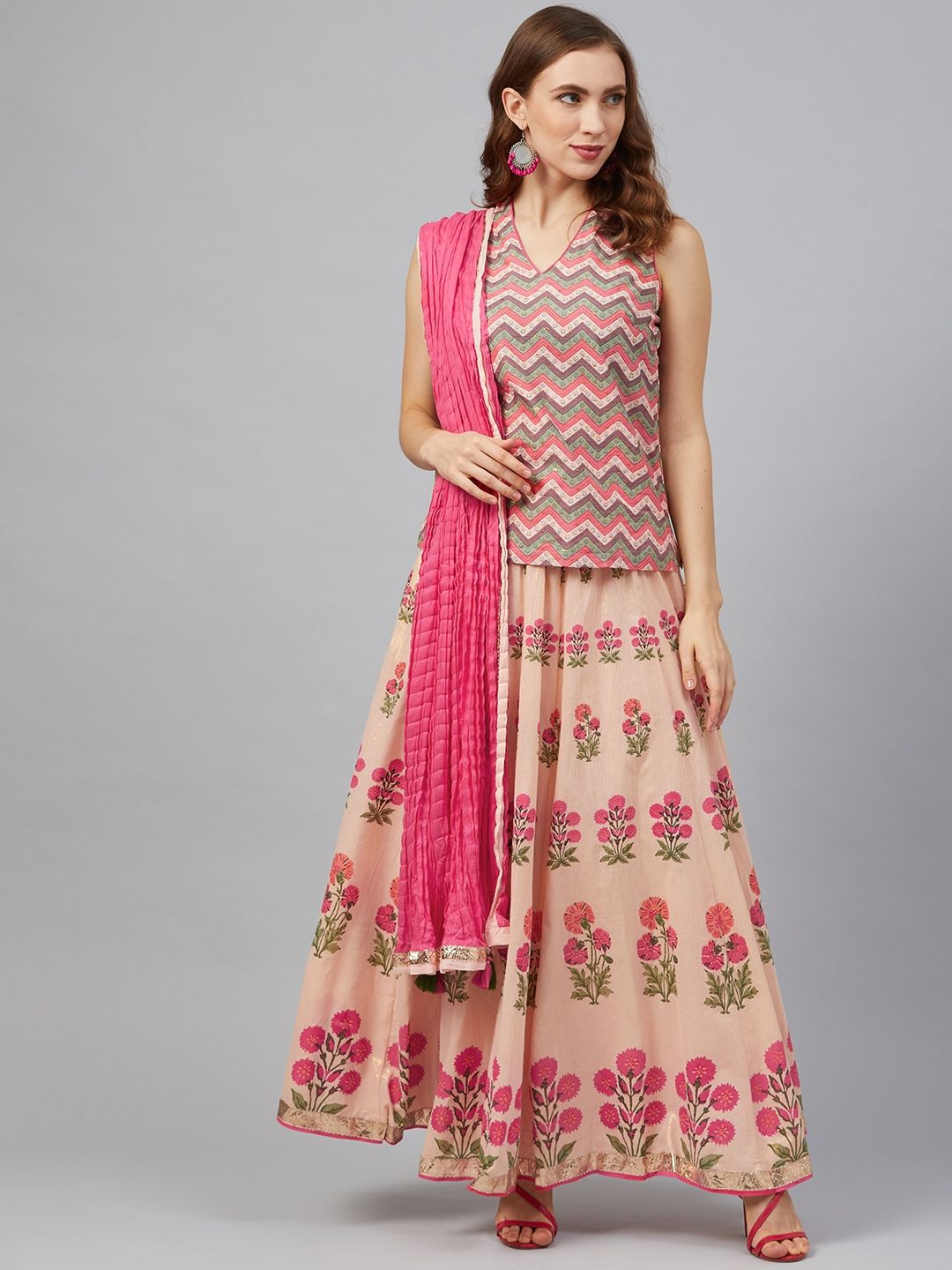 Biba Women Peach-Coloured & Pink Printed Kurti with Skirt & Dupatta