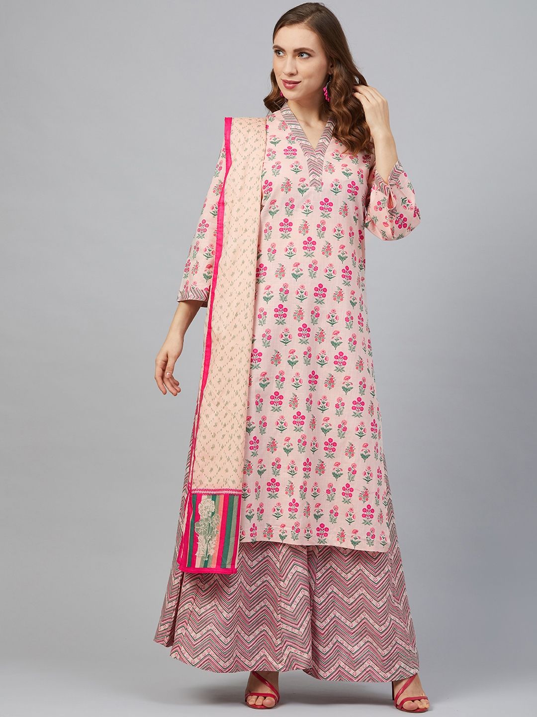 Biba Women Pink & Green Printed Kurta with Palazzos & Dupatta