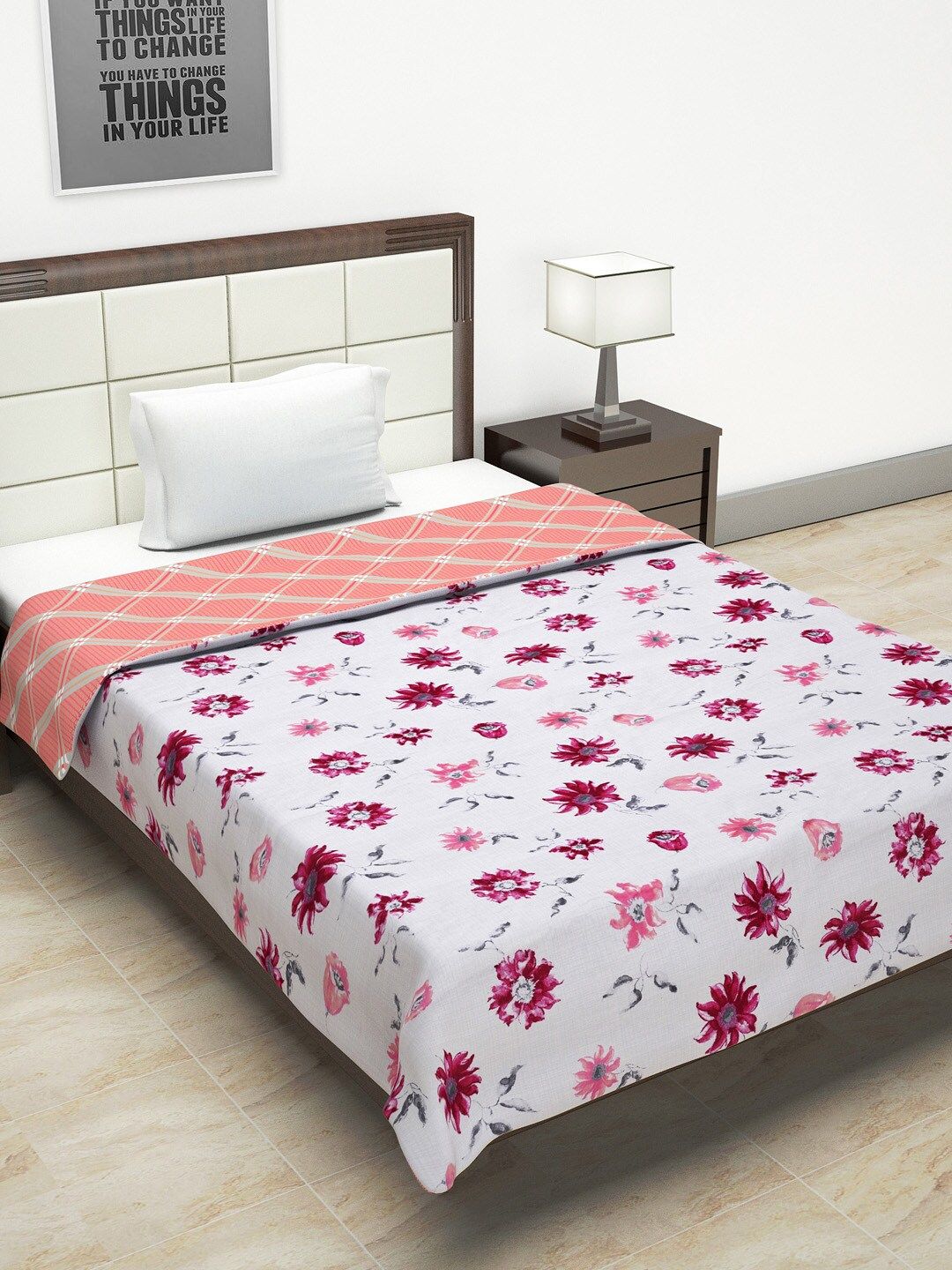 URBAN SPACE Pink & White Floral AC Room 350 GSM Single Bed Dohar Price in India