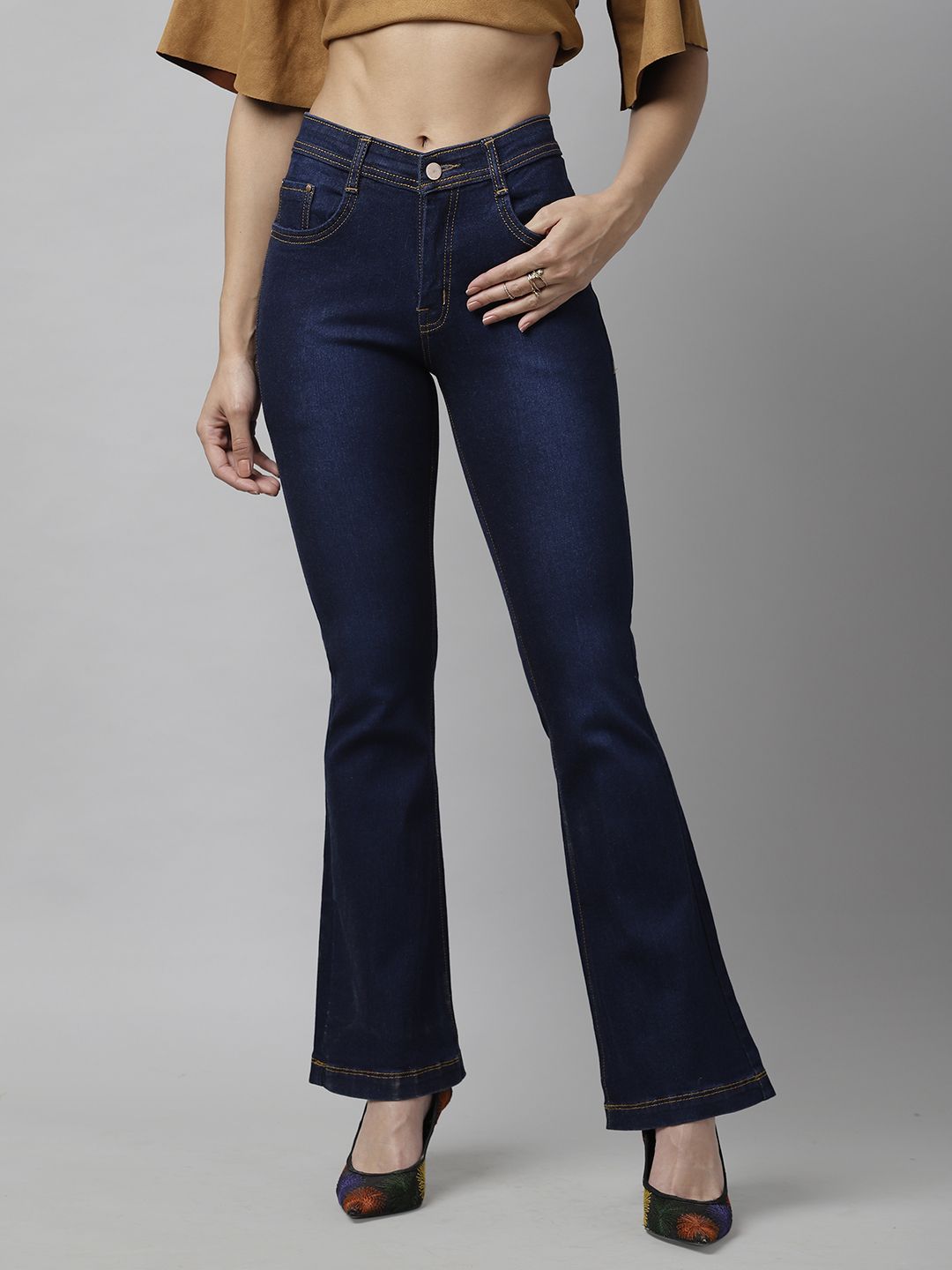 KASSUALLY Women Navy Blue Wide Leg Mid-Rise Clean Look Jeans Price in India