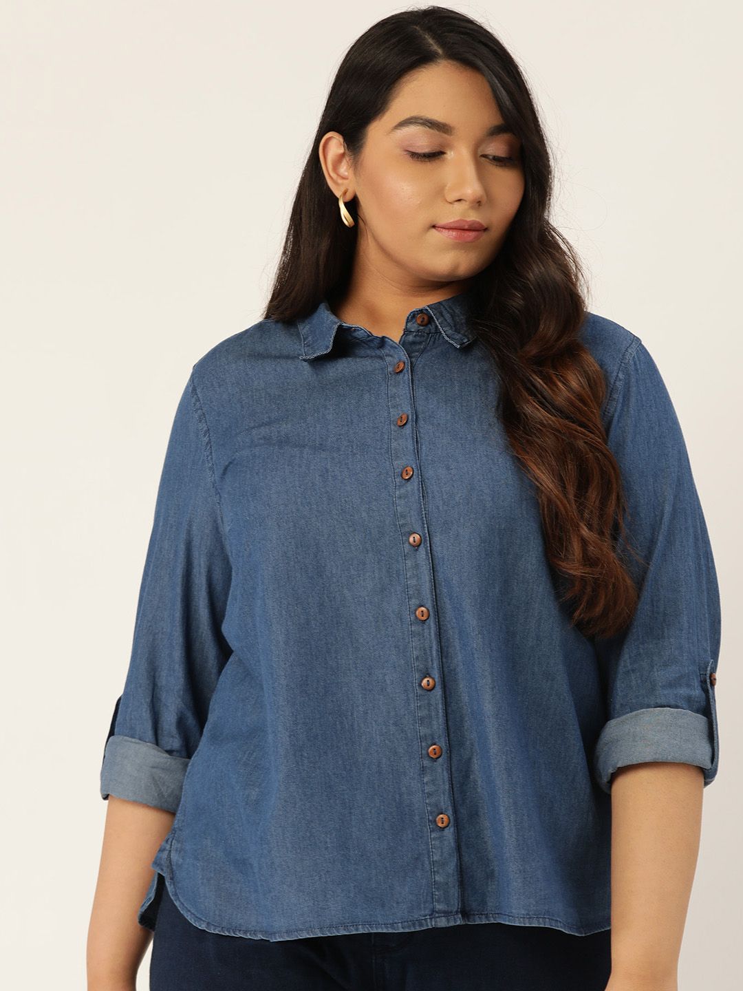 Sztori Women Navy Blue Regular Fit Solid Plus Size Casual Chambray Shirt