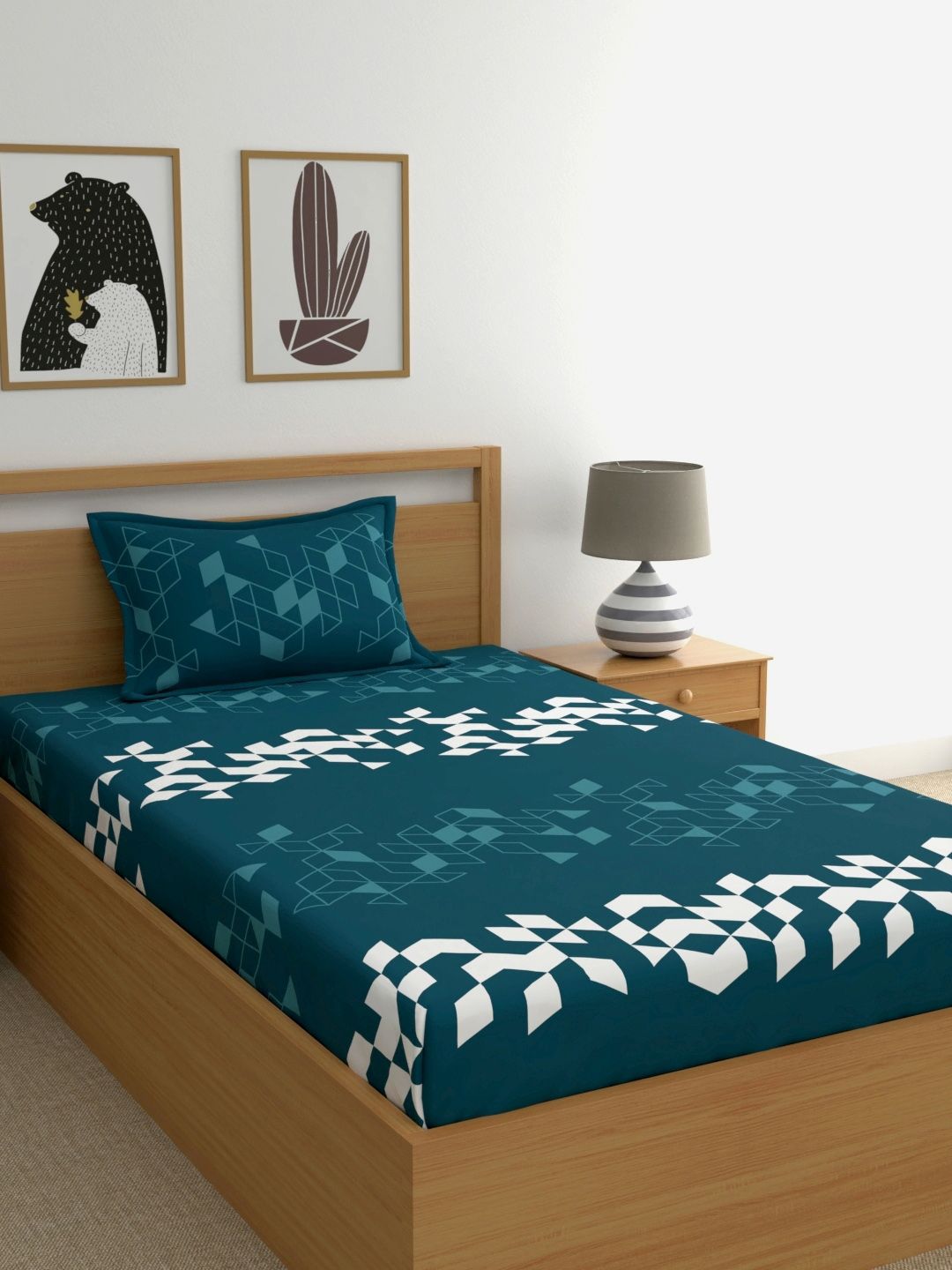 Dreamscape Teal Blue White Geometric 144 TC Cotton 1 Single Bedsheet with 1 Pillow Cover Price in India