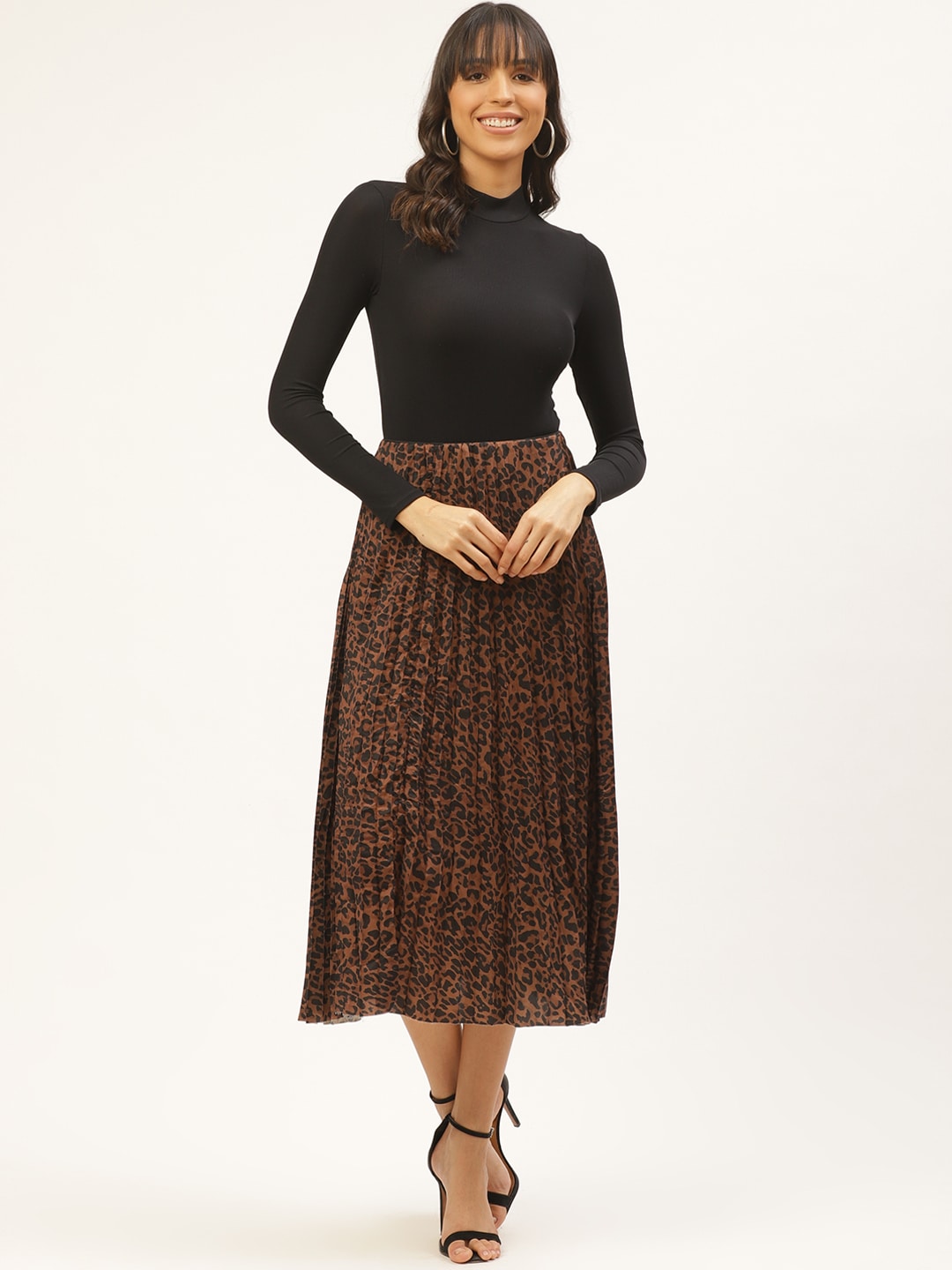 ANVI Be Yourself Brown and Black Leopard Print Accordion Pleated Midi A-Line Skirt Price in India