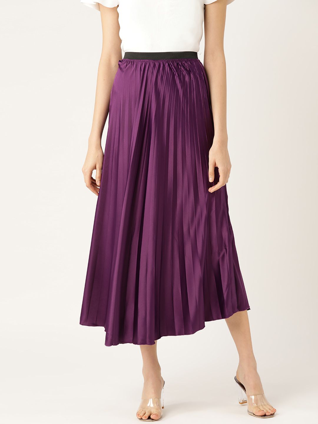 ANVI Be Yourself Women Purple Satin Finish Accordian Pleated Solid A-line Skirt