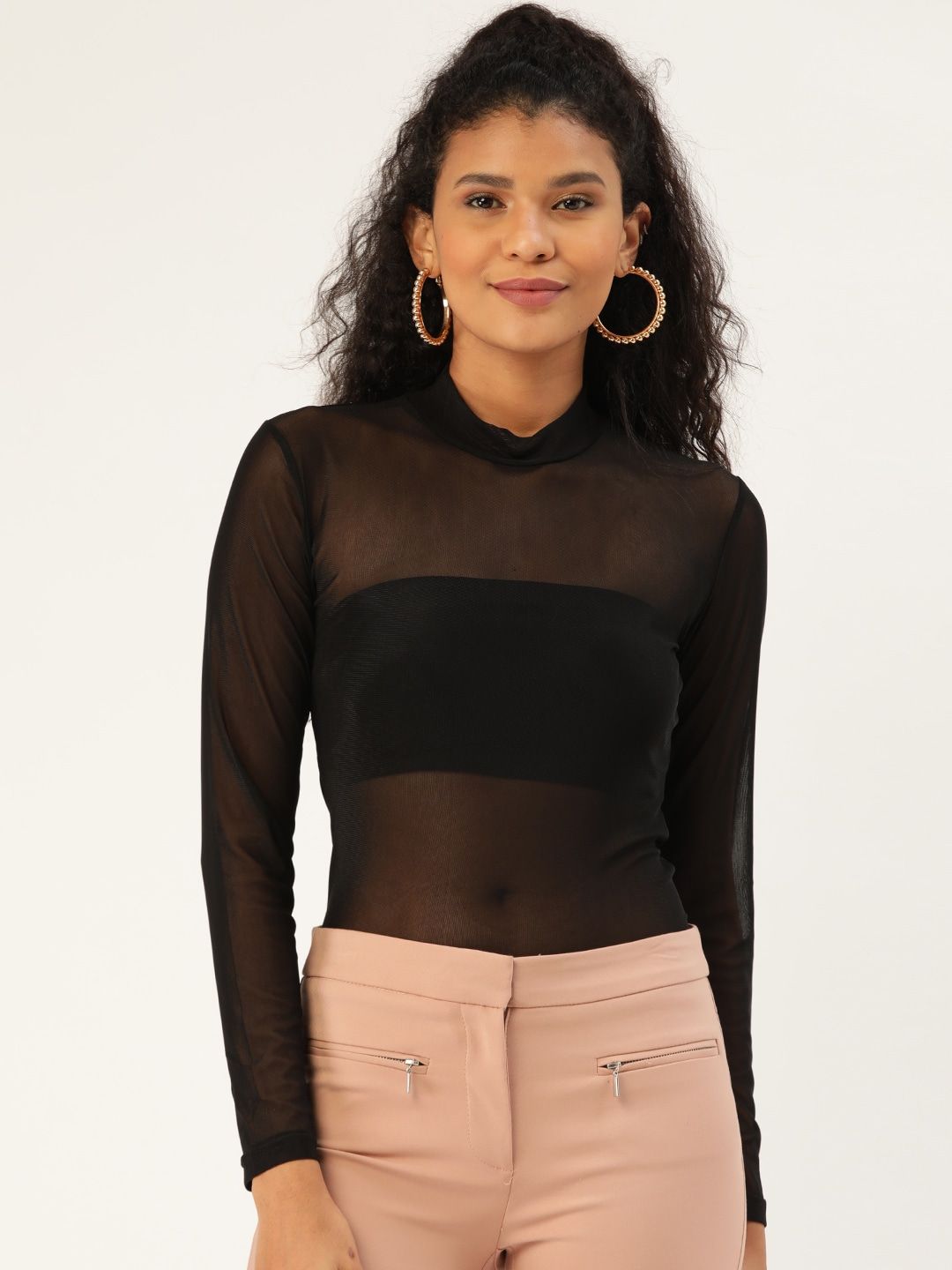 ANVI Be Yourself Black Net Detail Sheer High Neck Fitted Top Price in India