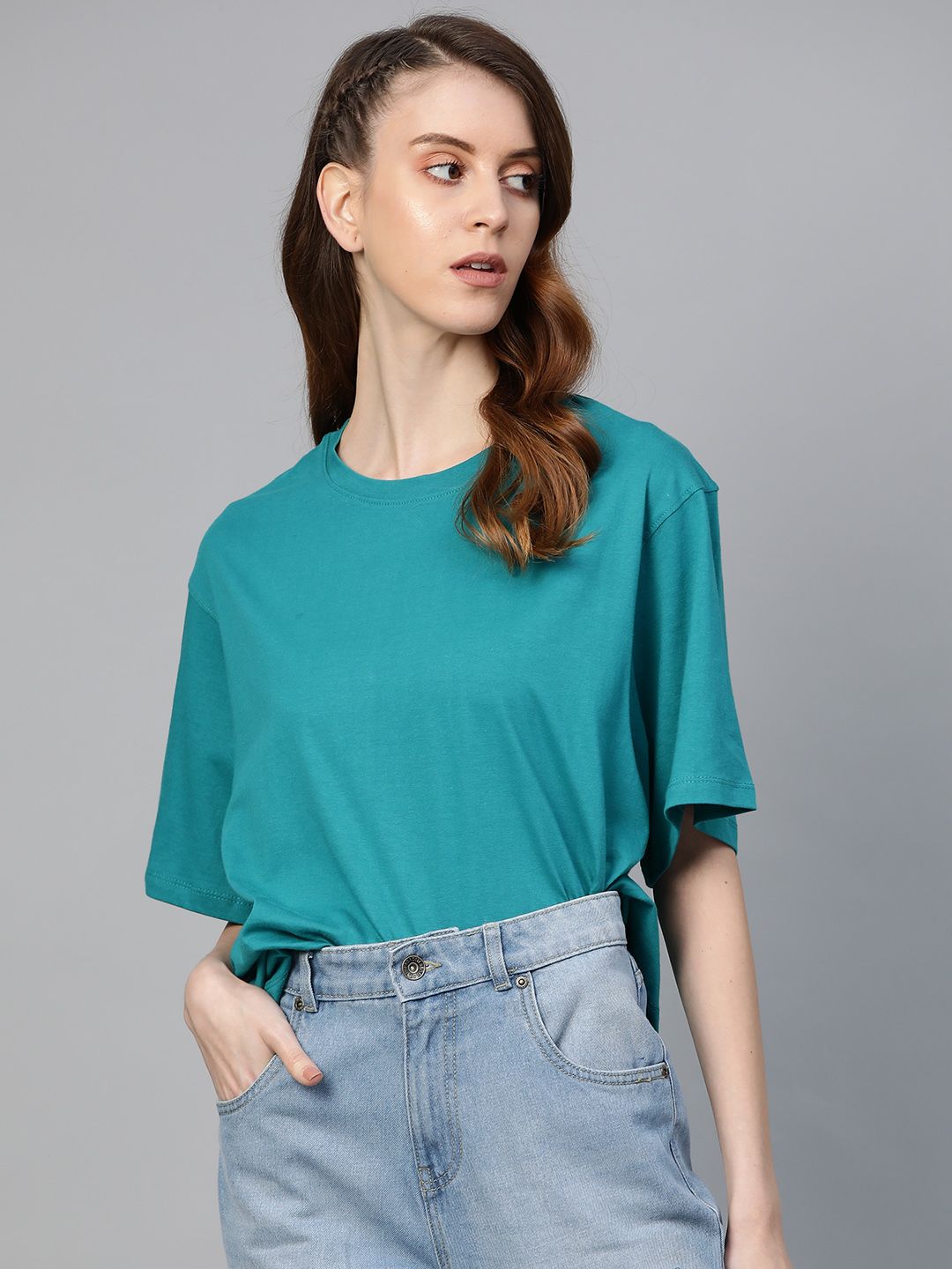 Roadster Women Turquoise Blue Solid Round Neck T-shirt