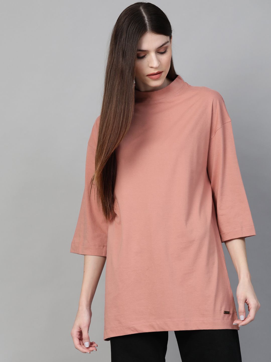 Roadster Women Dusty Pink Solid High Neck Longline T-shirt