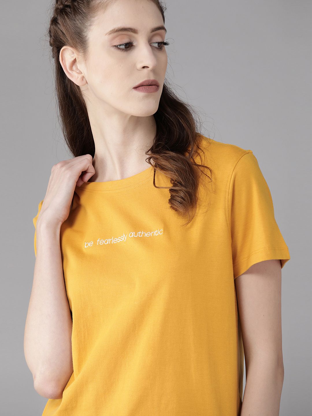 Roadster Women Mustard Yellow Solid Round Neck T-shirt with Embroidered Detail