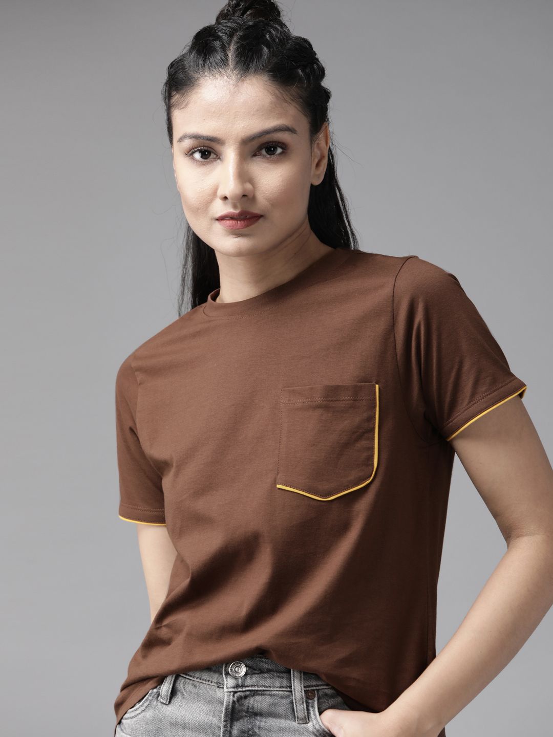 Roadster Women Brown Solid Round Neck Pure Cotton T-shirt Price in India