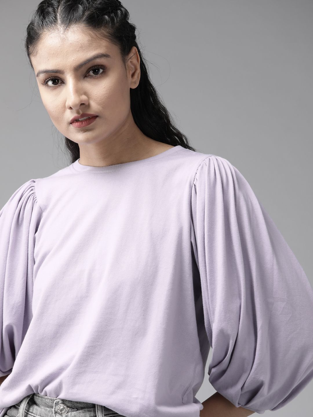 Roadster Women Lavender Pure Puff Sleeves Solid Pure Cotton Top