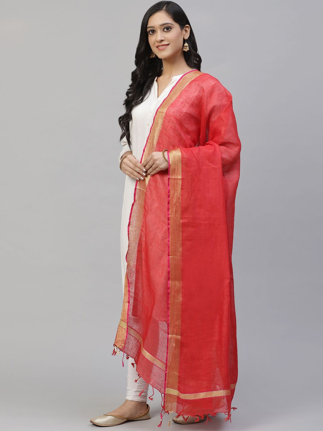 swatika Red & Golden Hanloom Zari Solid Bhagalpuri Dupatta Price in India