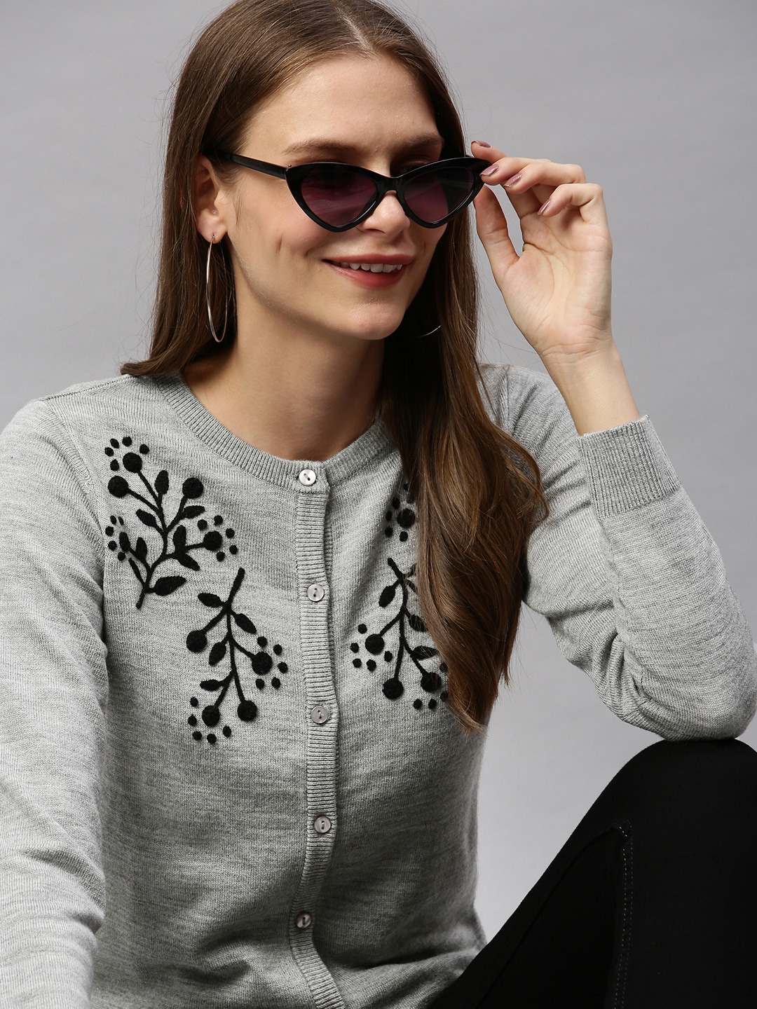 HERE&NOW Women Grey Embroidered Cardigan Sweater Price in India