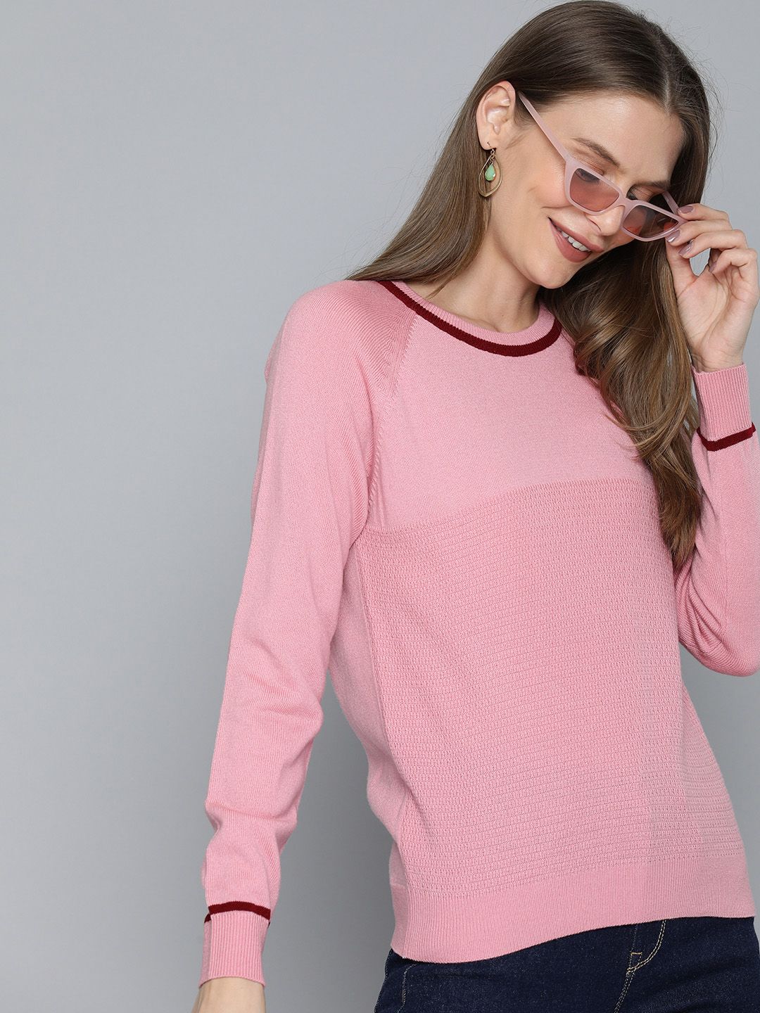 HERE&NOW Women Pink Self Design Acrylic Sweater Price in India